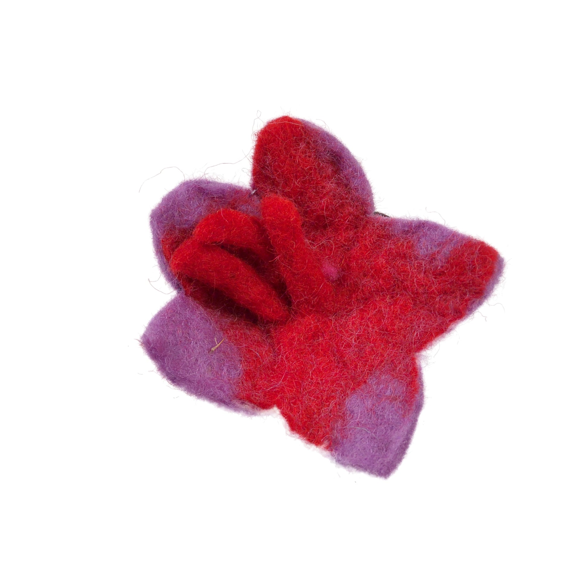Handgefilzte Filzblume in Rot und Lila als Haargummi, Draufsicht