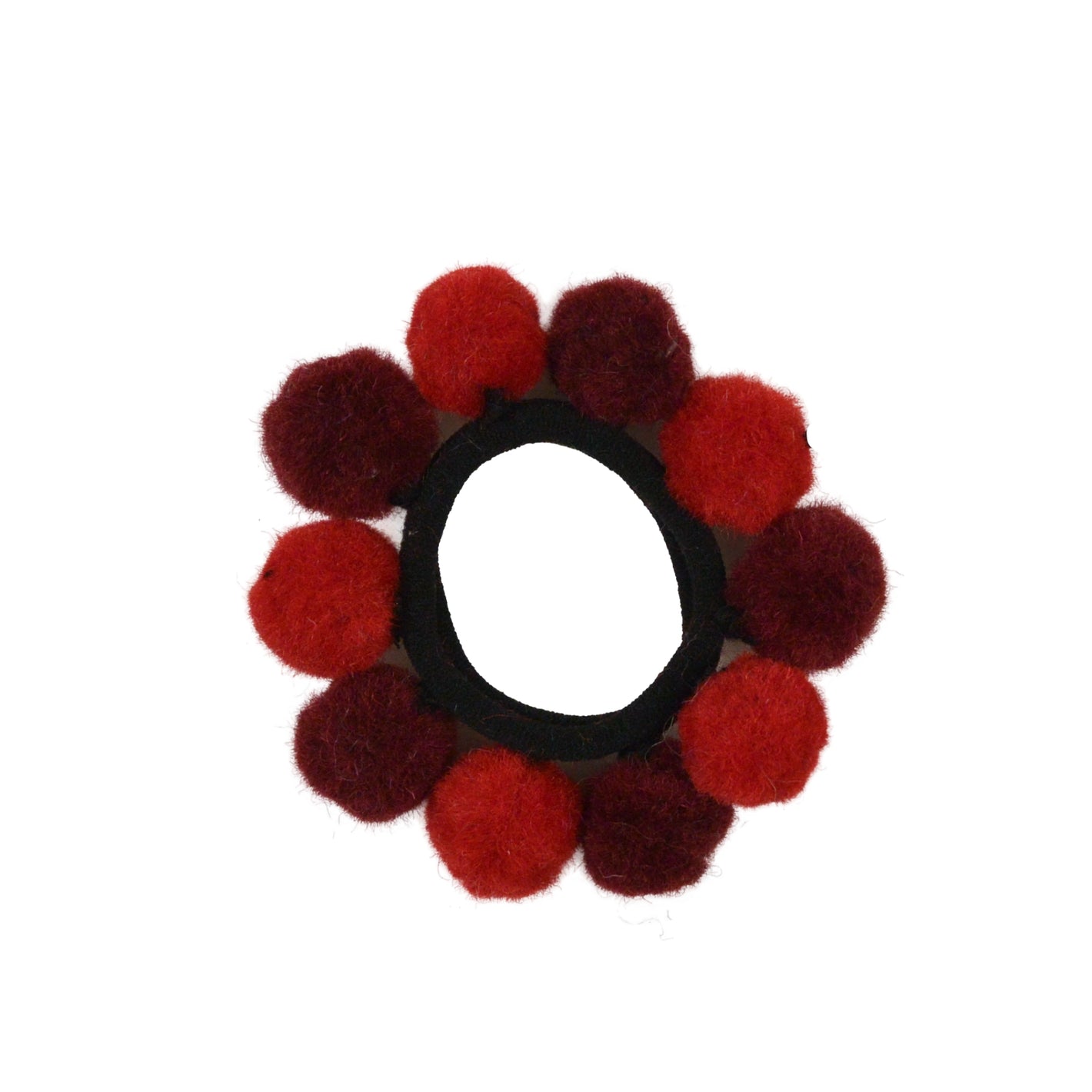 Filz-Haargummi mit bunten Bommeln aus Wolle in Ror-Dunkelrot