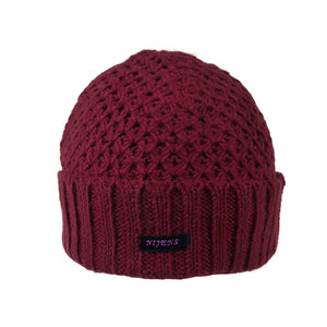 Bordeauxrote handgestrickte Wollmütze mit breiter Krempe und Fleece-Futter, Vorderansicht