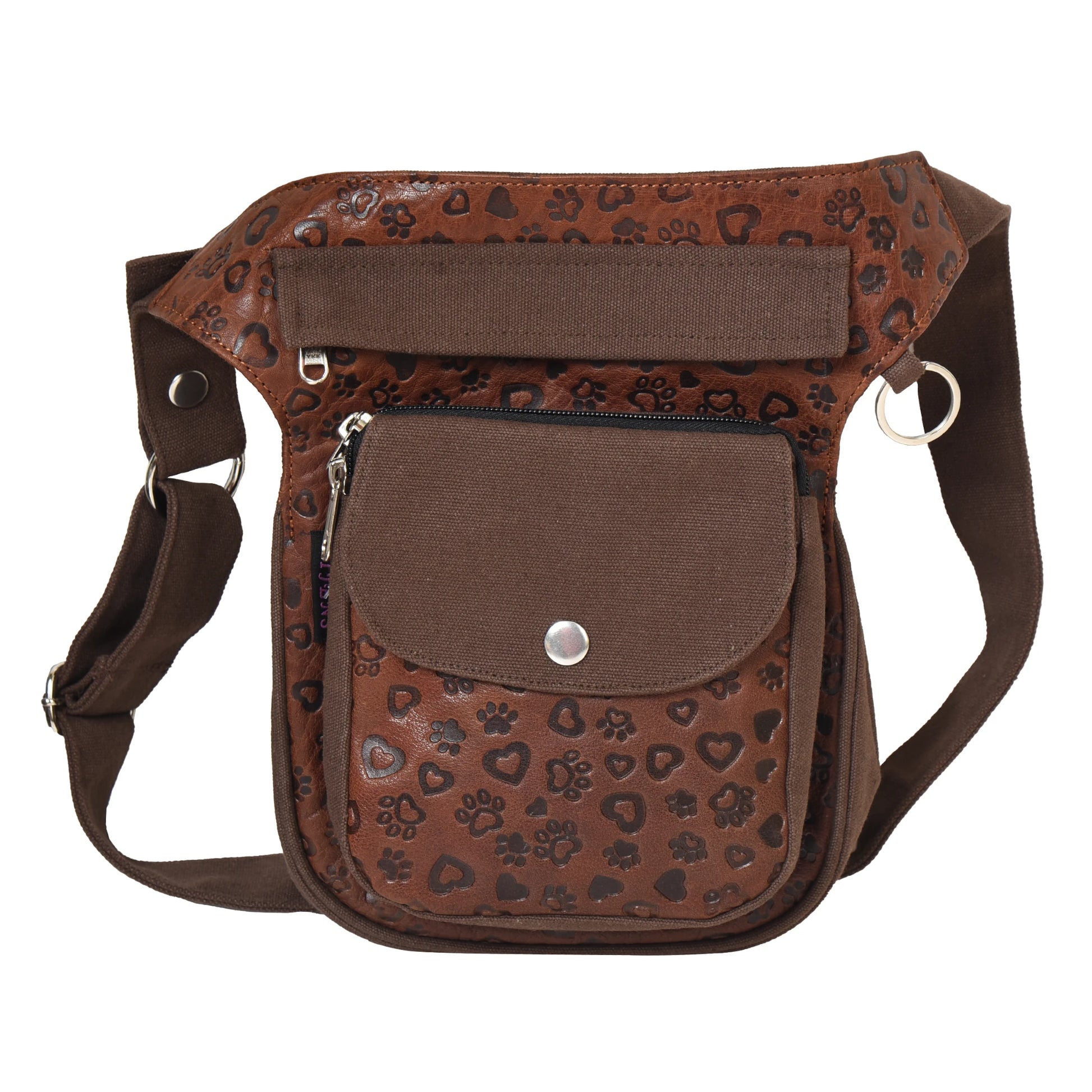 Braune Gassi-Tasche aus echtem Leder mit Pfotenherz-Prägung und Frontfach mit Druckknopf.