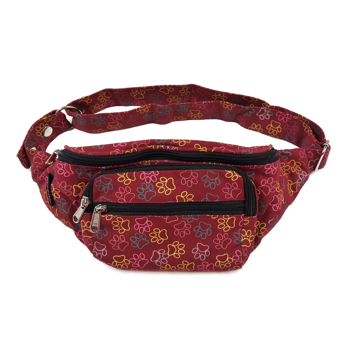 Crossbody Gassi-Tasche aus Baumwoll-Canvas in Rot mit bunten, großen Pfoten-Prints.