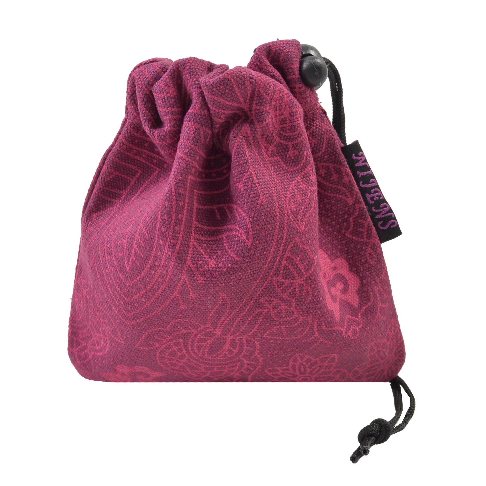 Leckerli-Beutel mit Kordelzug aus Baumwoll- Canvasstoff Magenta mit floralen Ornamenten.