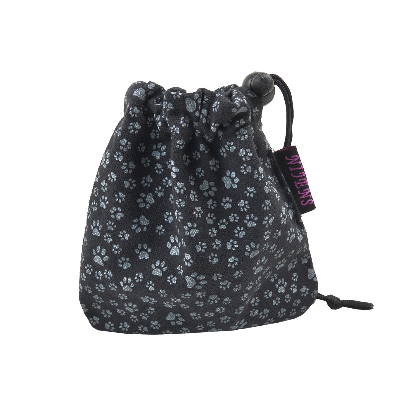 Leckerli-Beutel mit Kordelzug und Karabiner aus Canvas-Stoff, Schwarz, mit kleinem Pfoten-Print Grau. 