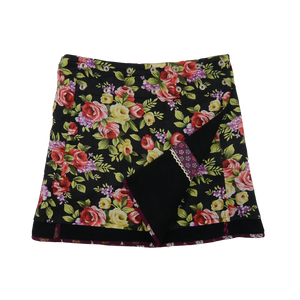 Winterrock Wollrock Wickelrock aus Wolle Tweed Schwarz mit Blumenmotive