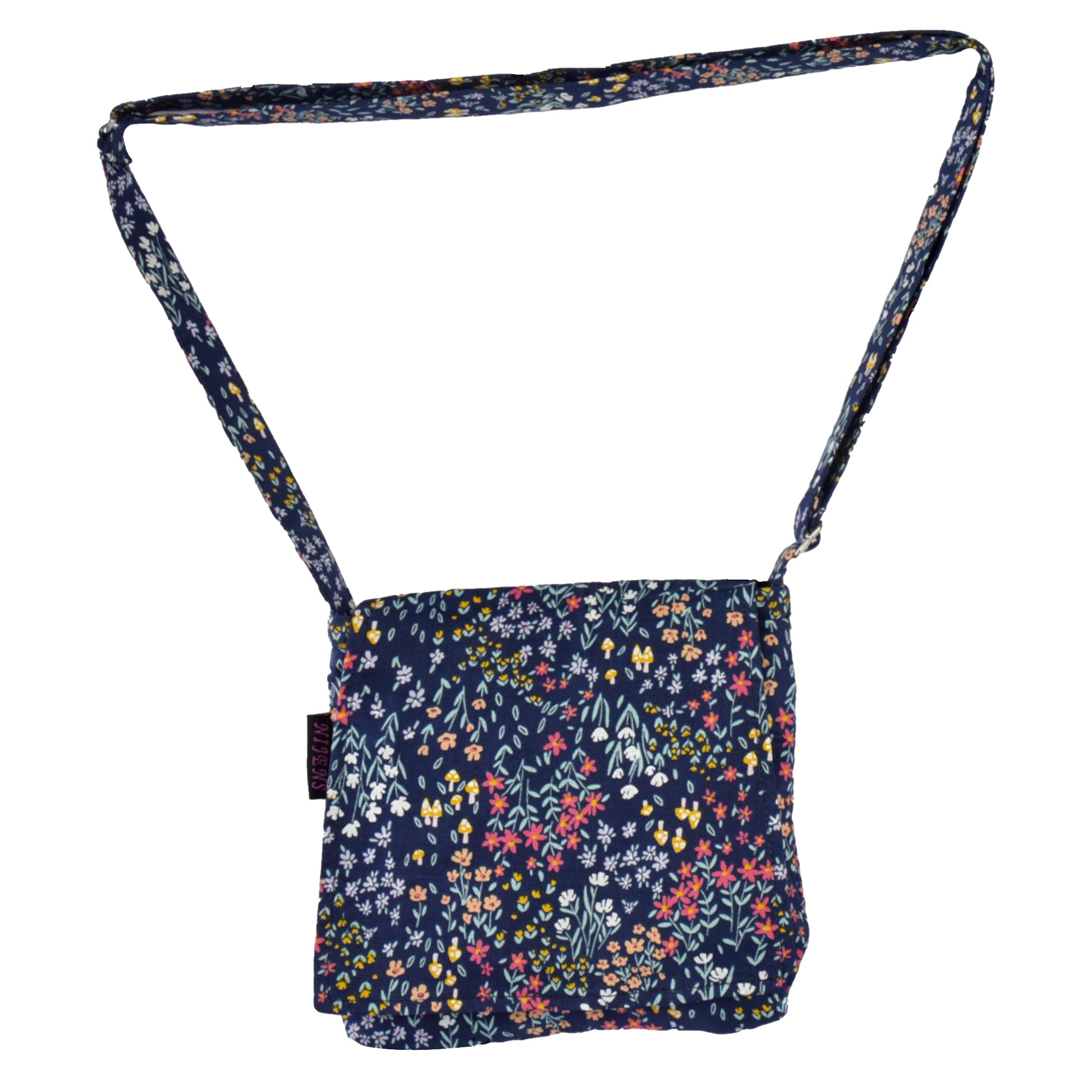 Kleine Tasche, Umhängetasche aus Baumwolle, dunkelblau und Blumenmuster. Tragegurt ist stufenlos verstellbar.