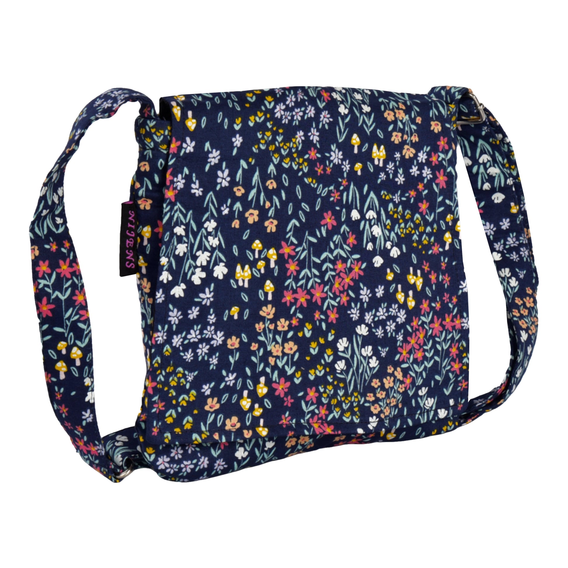 Kleine Tasche, Umhängetasche aus Baumwolle, Dunkelblau mit Blumenmuster. Ein Hauptfach mit Einsteckfach und jeweils ein Reißverschlussfach vorne und hinten.