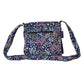 Hinteransicht: Kleine Tasche, Umhängetasche aus Baumwolle, dunkelblau und Blumenmuster mit Reißverschlussfach auf der hinteren Seite.
