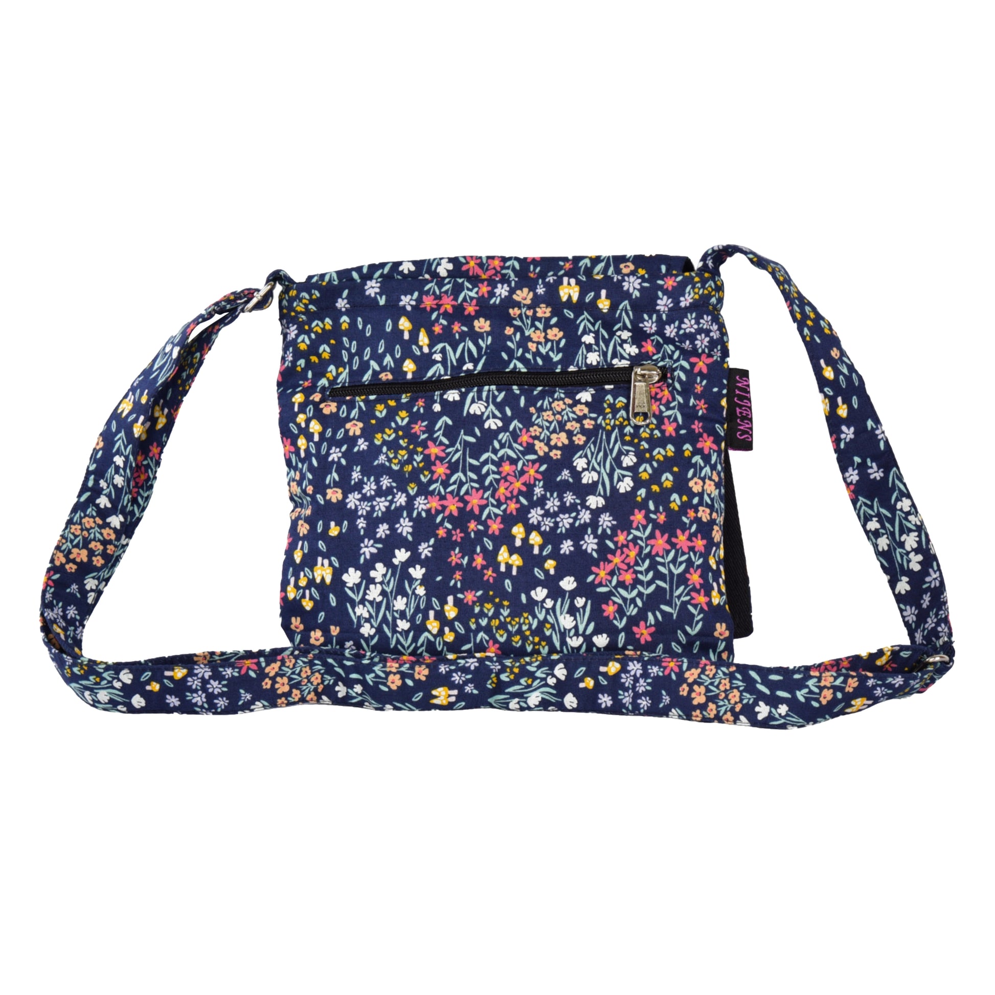 Hinteransicht: Kleine Tasche, Umhängetasche aus Baumwolle, dunkelblau und Blumenmuster mit Reißverschlussfach auf der hinteren Seite.