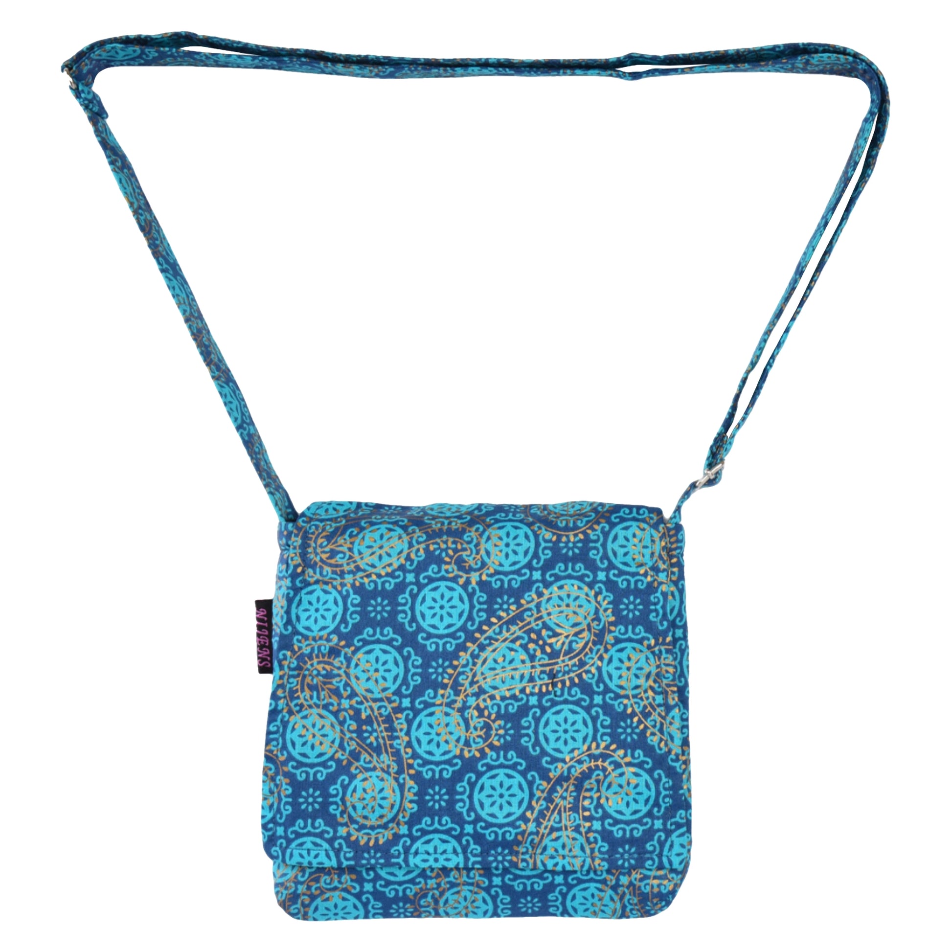 Kleine Tasche, Umhängetasche aus Baumwolle, Türkis, dunkelblau mit Muster und goldenen Paisley-Elementen. Tragegurt ist stufenlos verstellbar.