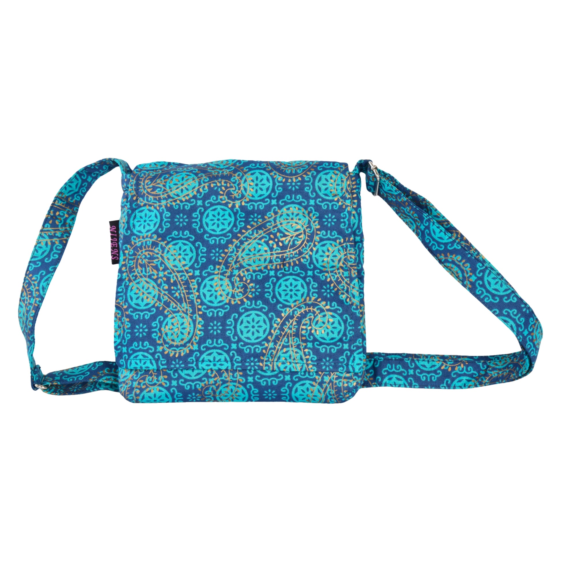 Kleine Tasche, Umhängetasche aus Baumwolle, Türkis, dunkelblau mit Muster und goldenen Paisley-Elementen.