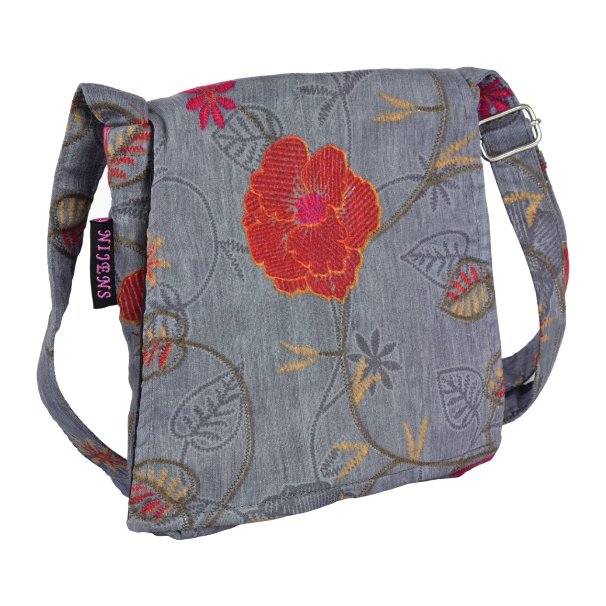 Kleine Tasche, Umhängetasche aus Baumwolle, Grau mit Blumen. Ein Hauptfach mit Einsteckfach und jeweils ein Reißverschlussfach vorne und hinten.