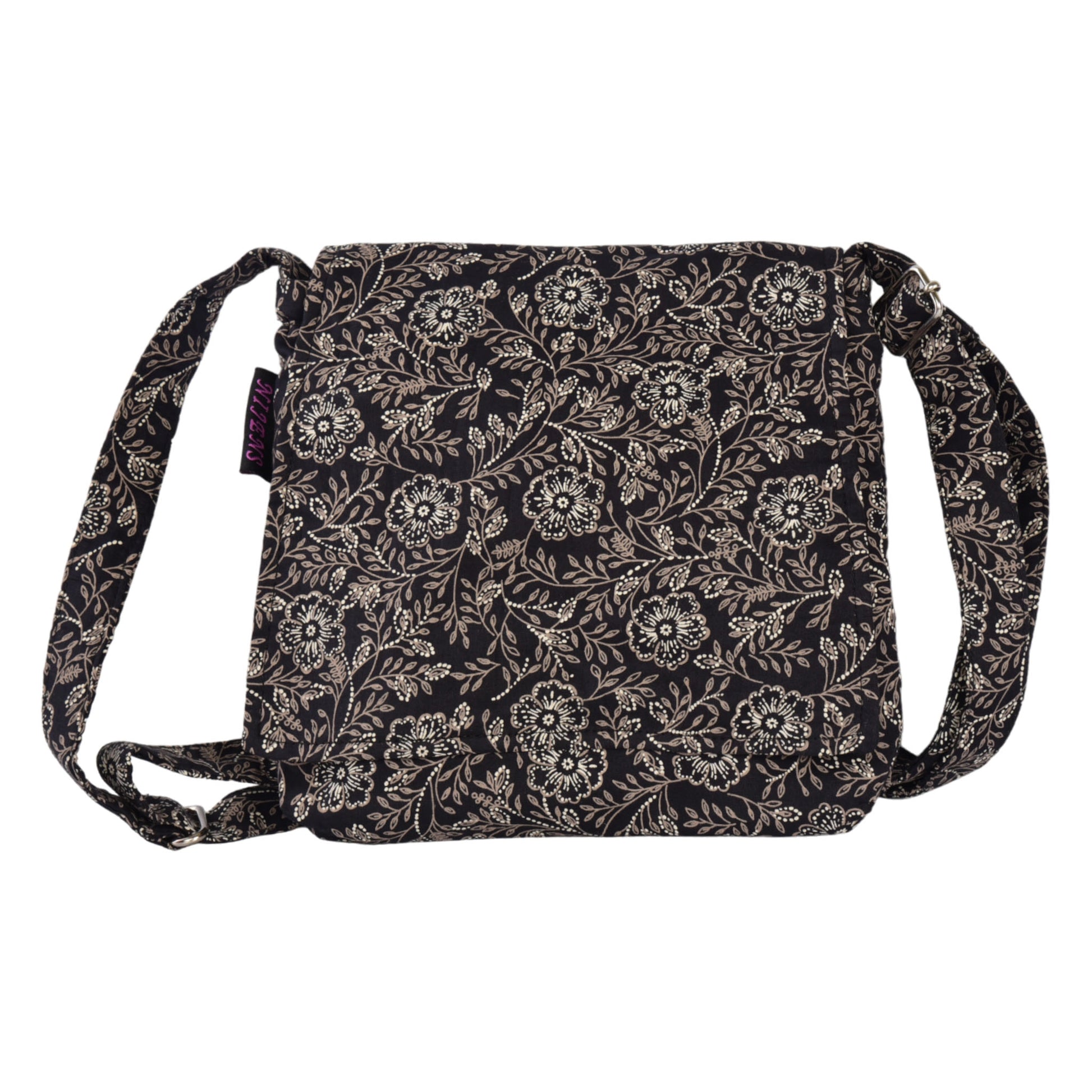 Kleine Tasche, Umhängetasche aus Baumwolle, Schwarz mit Blumenornamenten.