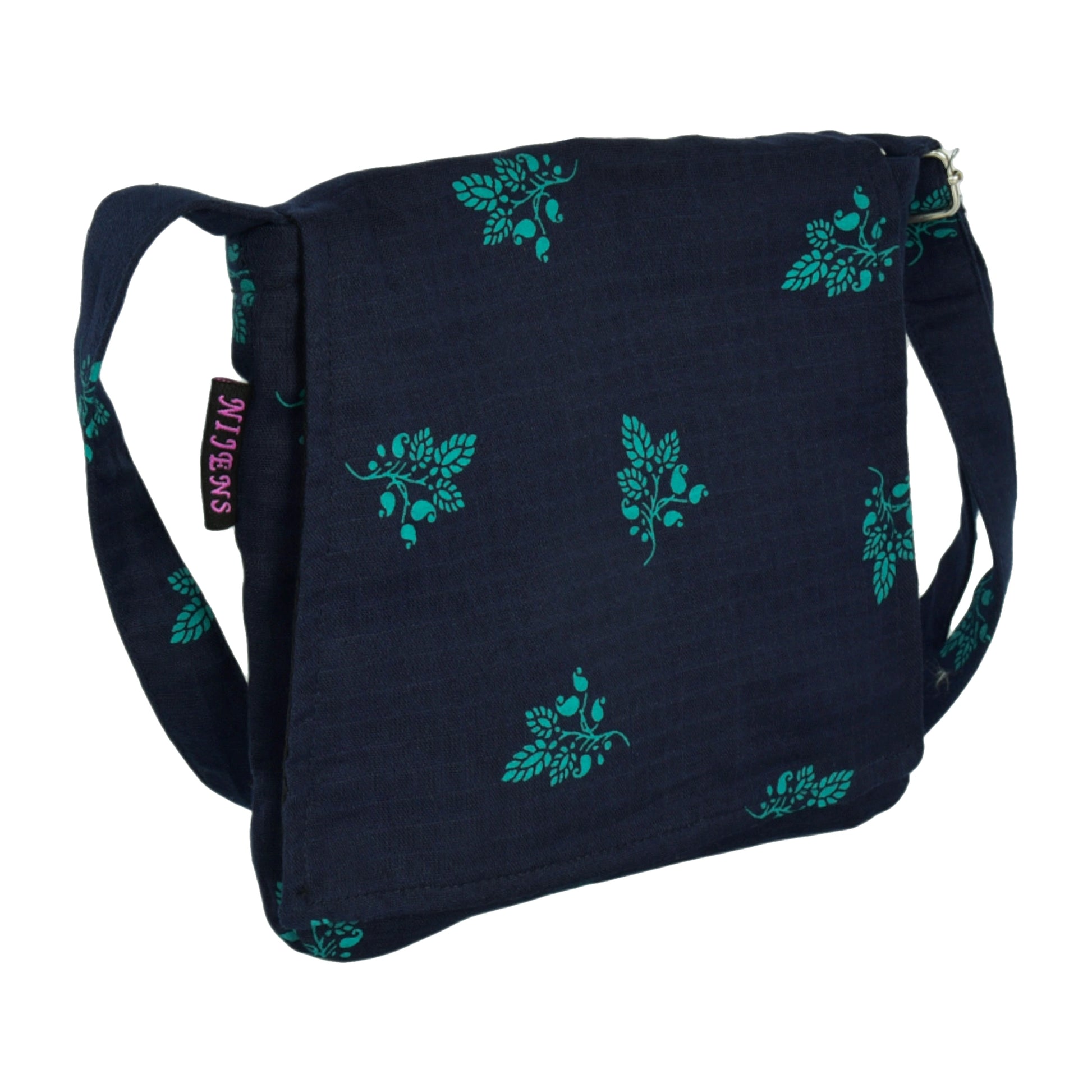 Kleine Tasche, Umhängetasche aus Baumwolle, Dunkelblau mit türkisenen Blättern, Motiv. Ein Hauptfach mit Einsteckfach und jeweils ein Reißverschlussfach vorne und hinten.
