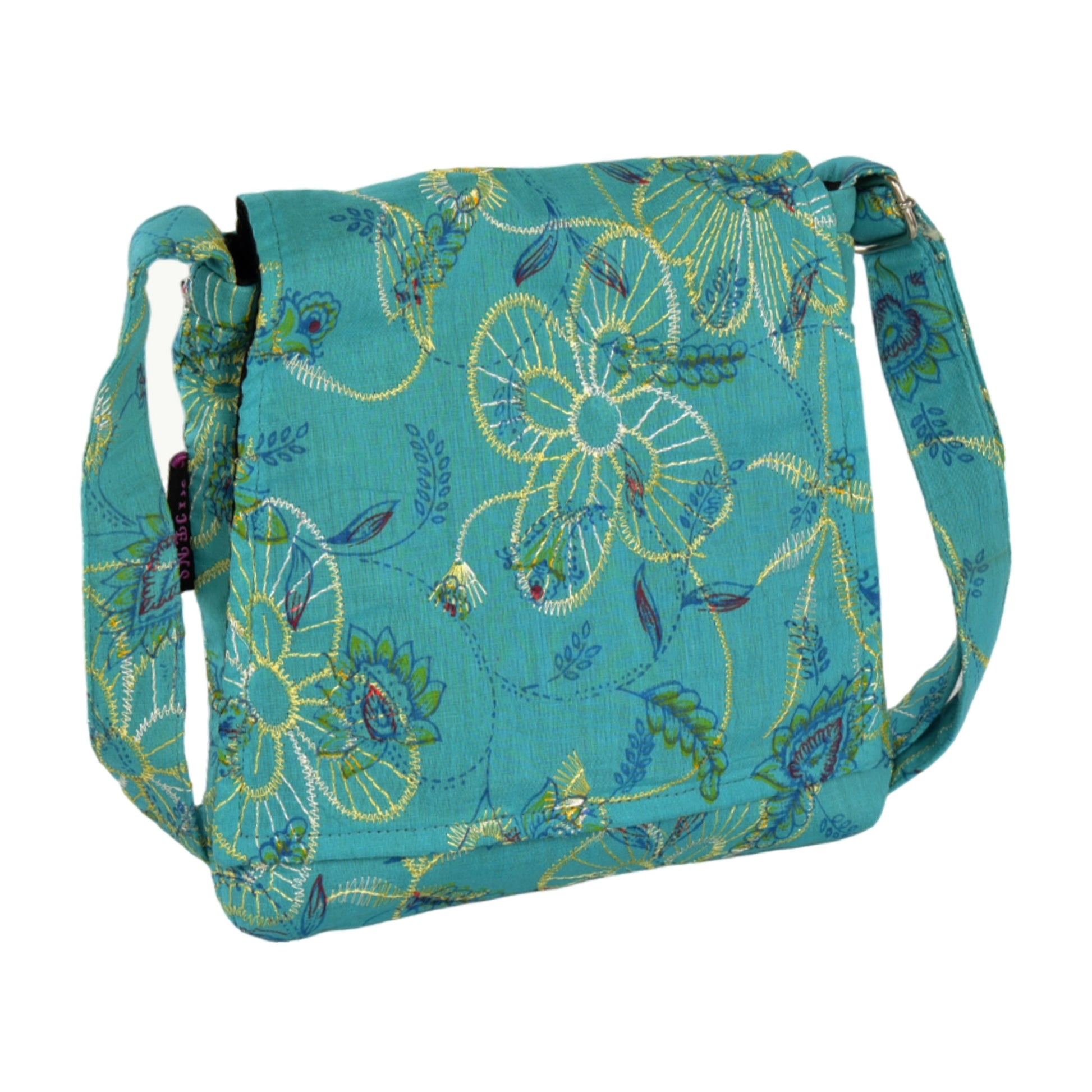 Kleine Tasche, Umhängetasche aus Baumwolle, Türkis mit Blumenstickerei verziert. Ein Hauptfach mit Einsteckfach und jeweils ein Reißverschlussfach vorne und hinten.