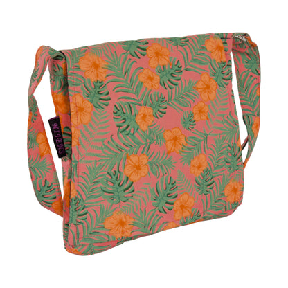 Kleine Tasche, Umhängetasche aus Baumwolle, Rosa mit Blumen und Blättermotiven. Ein Hauptfach mit Einsteckfach und jeweils ein Reißverschlussfach vorne und hinten.