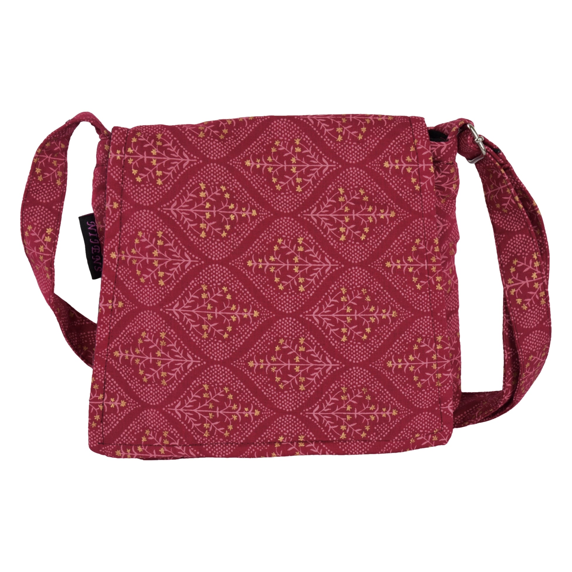 Kleine Tasche, Umhängetasche aus Baumwolle, rot mit gepunkteten Mustern und Sternensträucher. 
