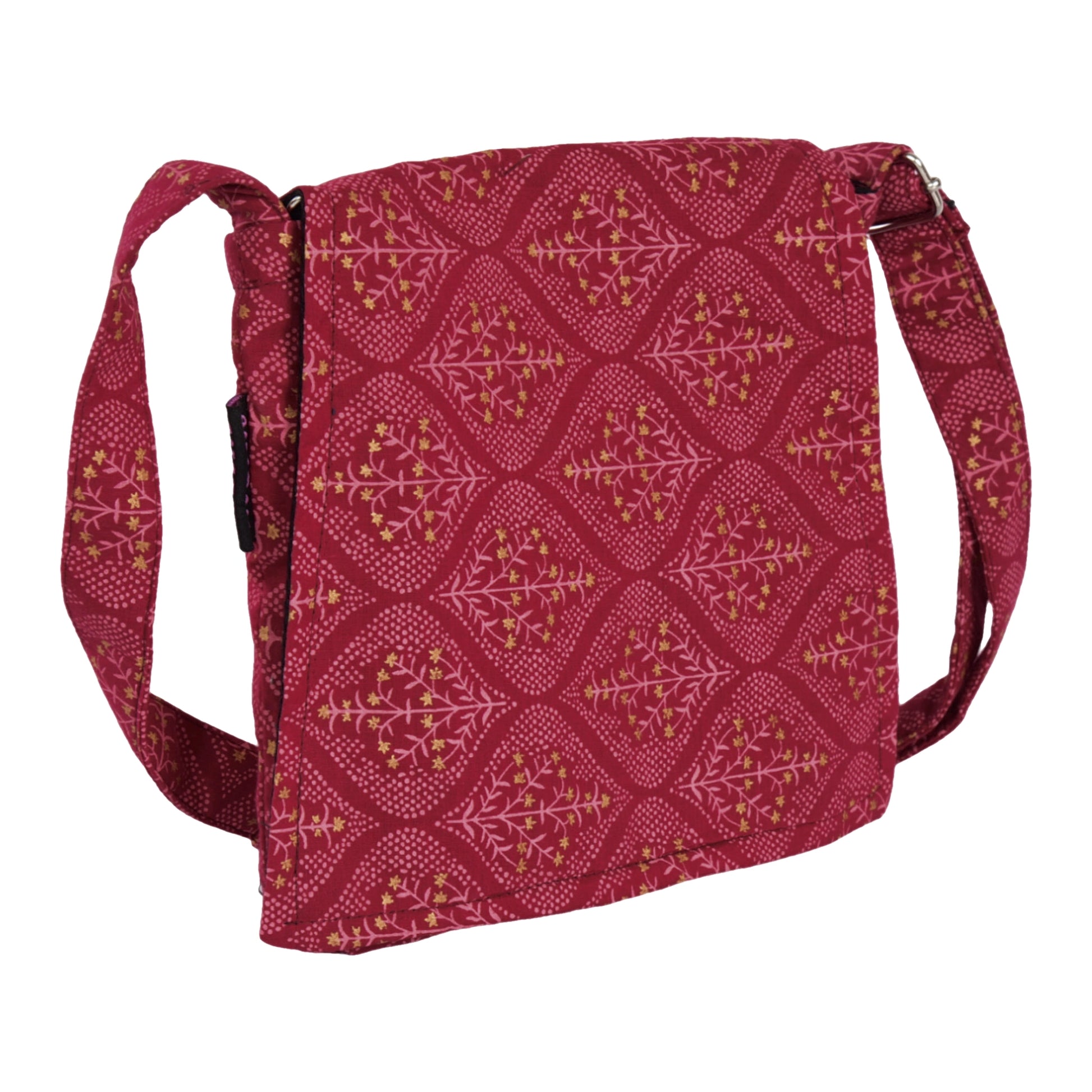 Kleine Tasche, Umhängetasche aus Baumwolle, rot mit gepunkteten Mustern und Sternensträucher. Ein Hauptfach mit Einsteckfach und jeweils ein Reißverschlussfach vorne und hinten.