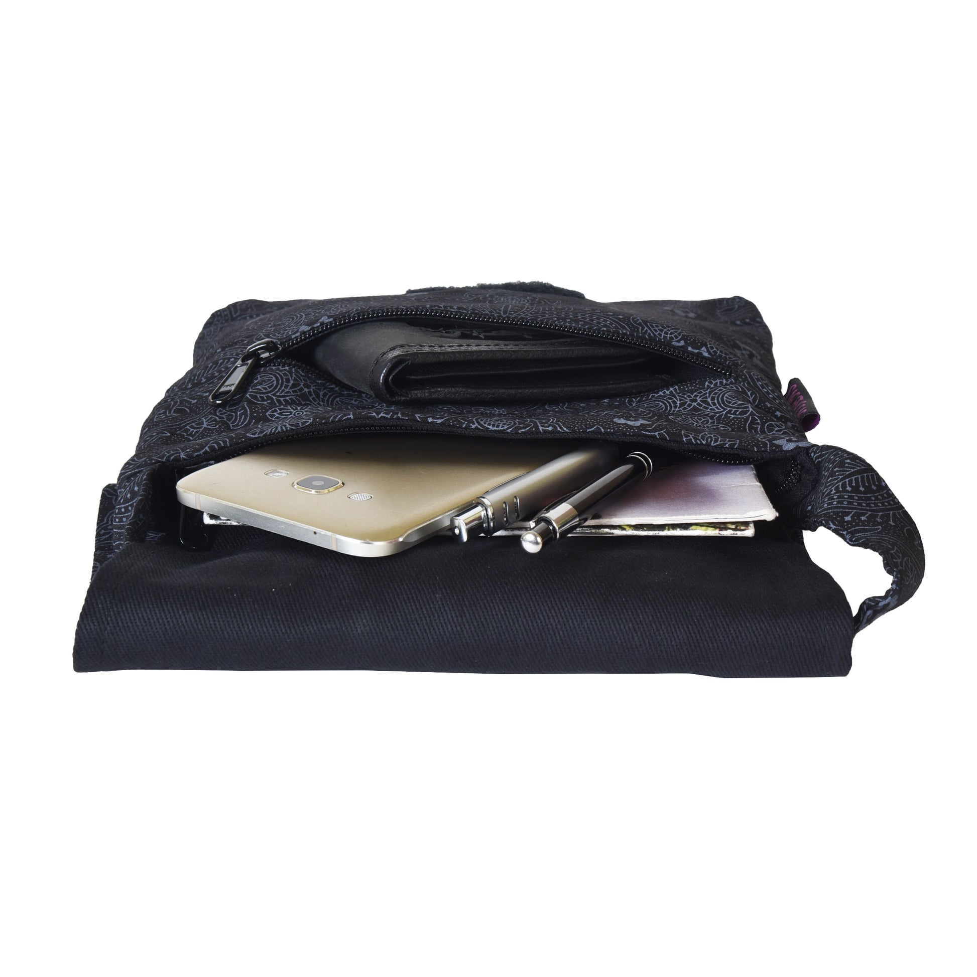 Kleine Tasche mit dem verstellbarem Riemen, Stoff-Baumwolle schwarze Farbe 3