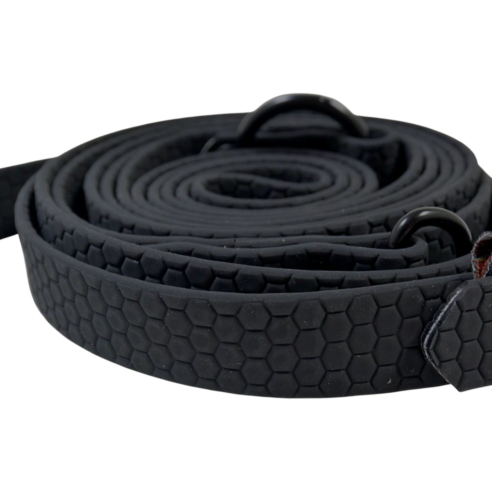Schwarze CaniThane Grip Doppelführleine mit griffiger Wabenstruktur und schwarzen D-Ringen
