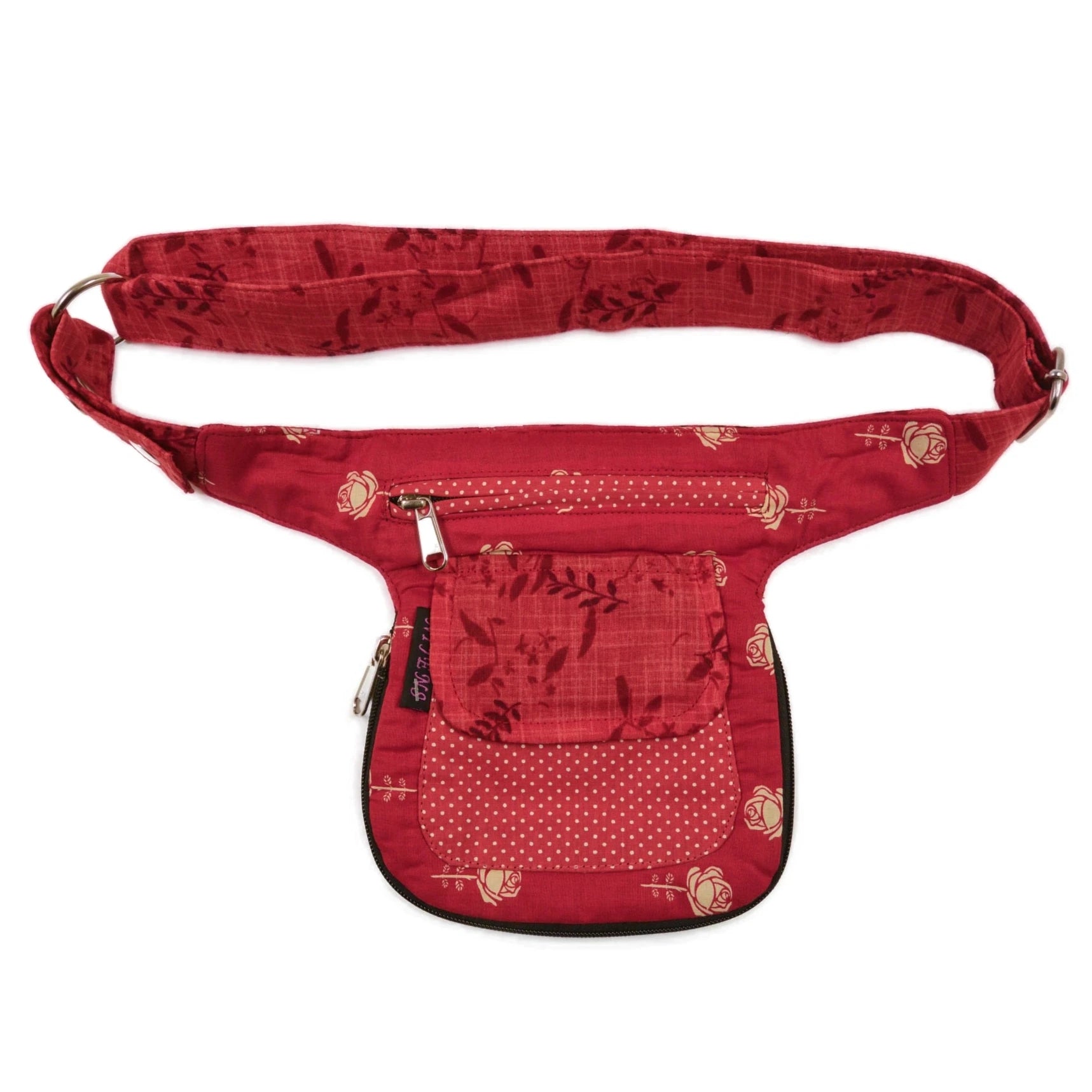 Wendbare Bauchtasche, Stoffmix Rot mit Rosenmotiven, Punkten und Blättern. Ein Hauptfach mit Reißverschluss und Einsteckfach vorne.