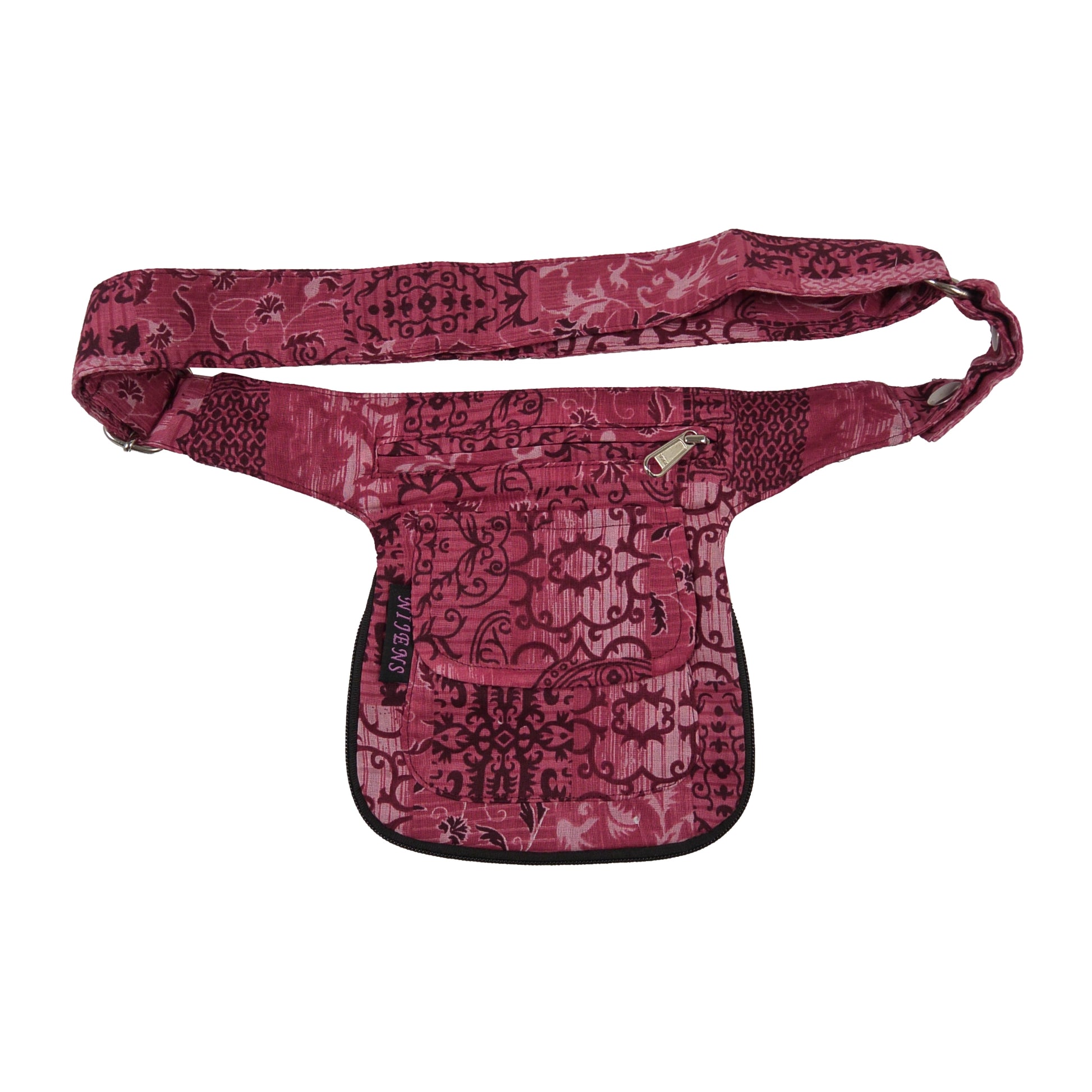 Wendbare Bauchtasche, Stoff rot mit floralen Ornamenten. Ein Hauptfach mit Reißverschluss und Einsteckfach vorne.