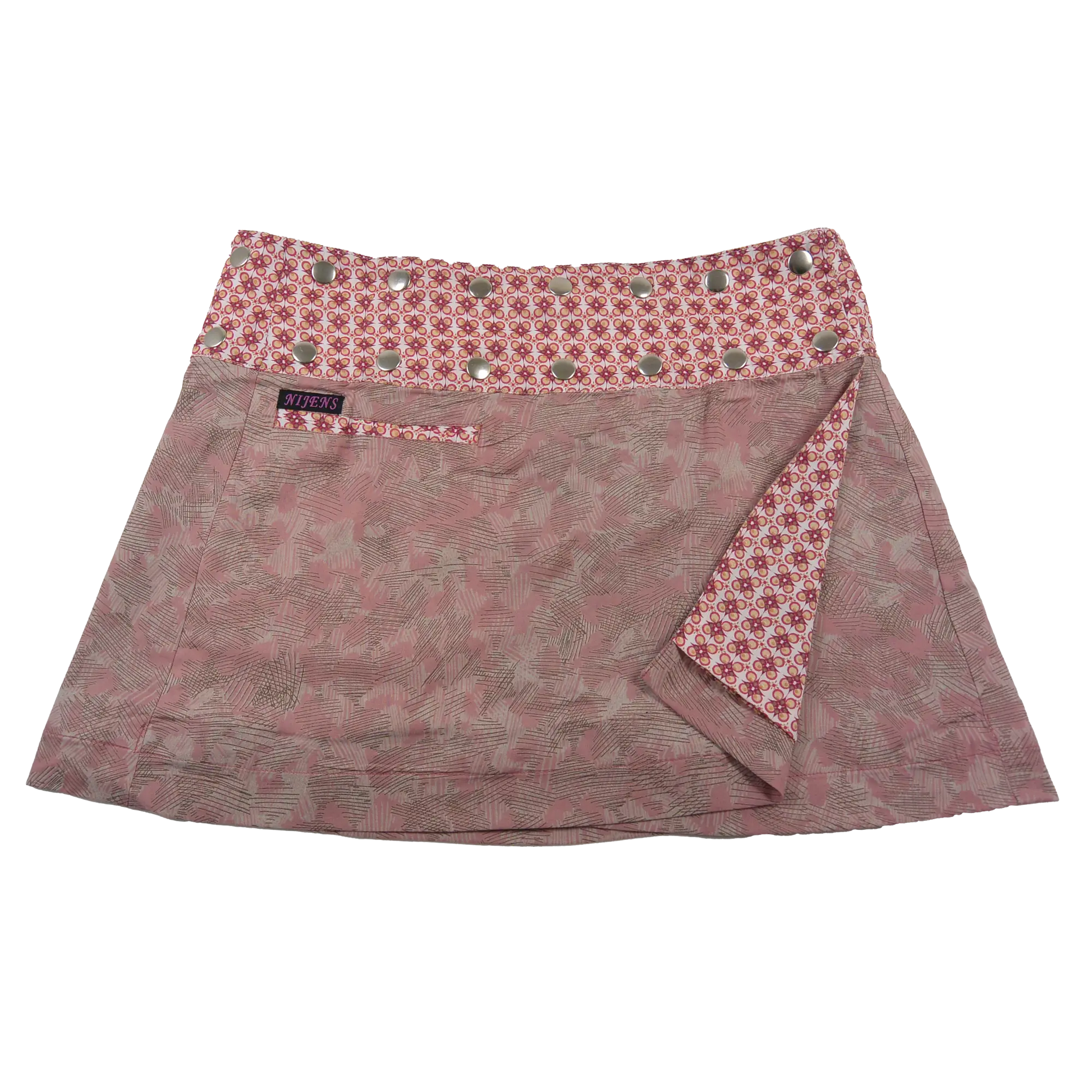 Sommerrock aus Baumwolle in Rosa/Grau im Mustermix. Umfang ist verstellbar mit doppelter Druckknopfleiste mit Einsteckfach.