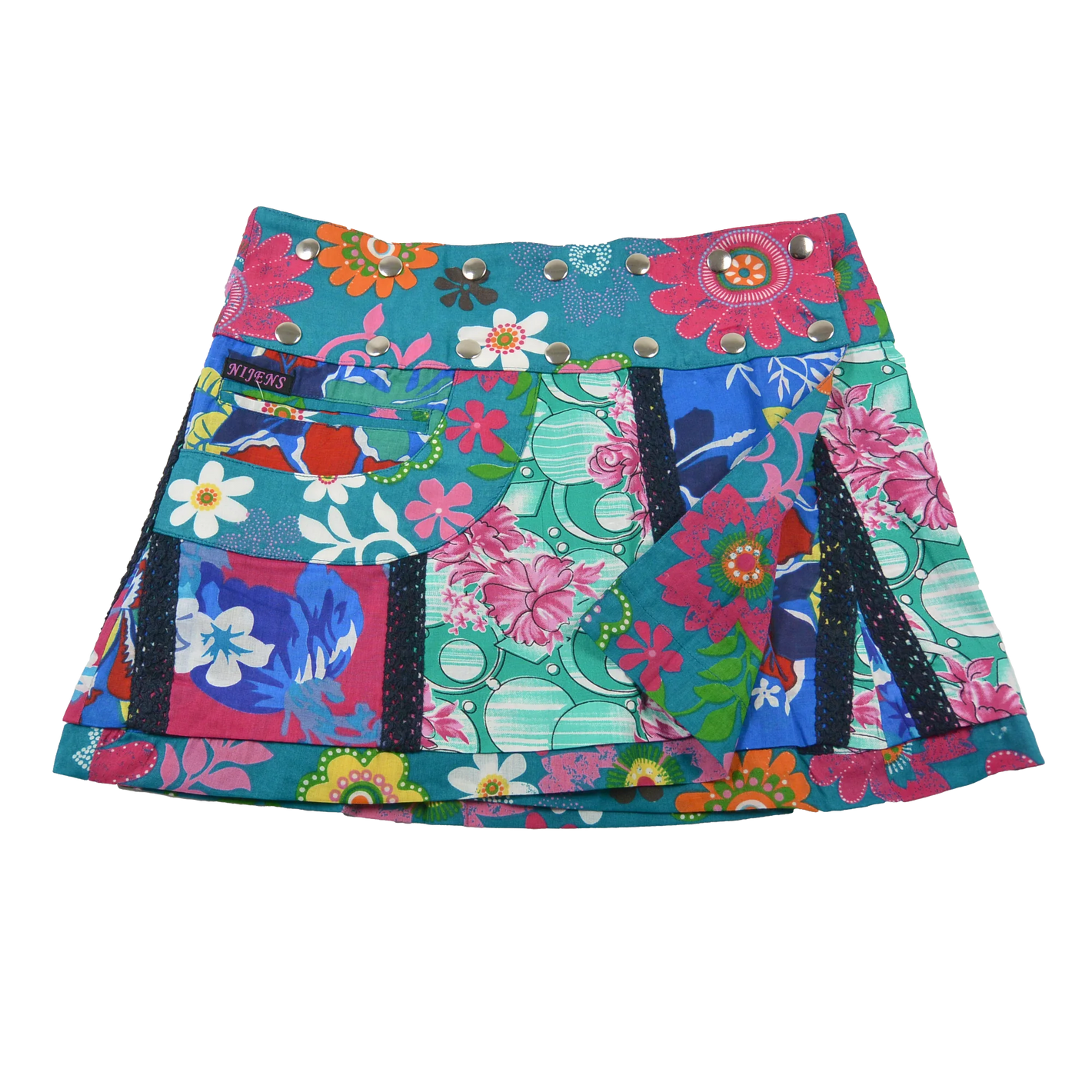 Sommerrock aus Baumwolle in Pink/Türkis im Mustermix. Umfang ist verstellbar mit doppelter Druckknopfleiste mit Seitentasche.