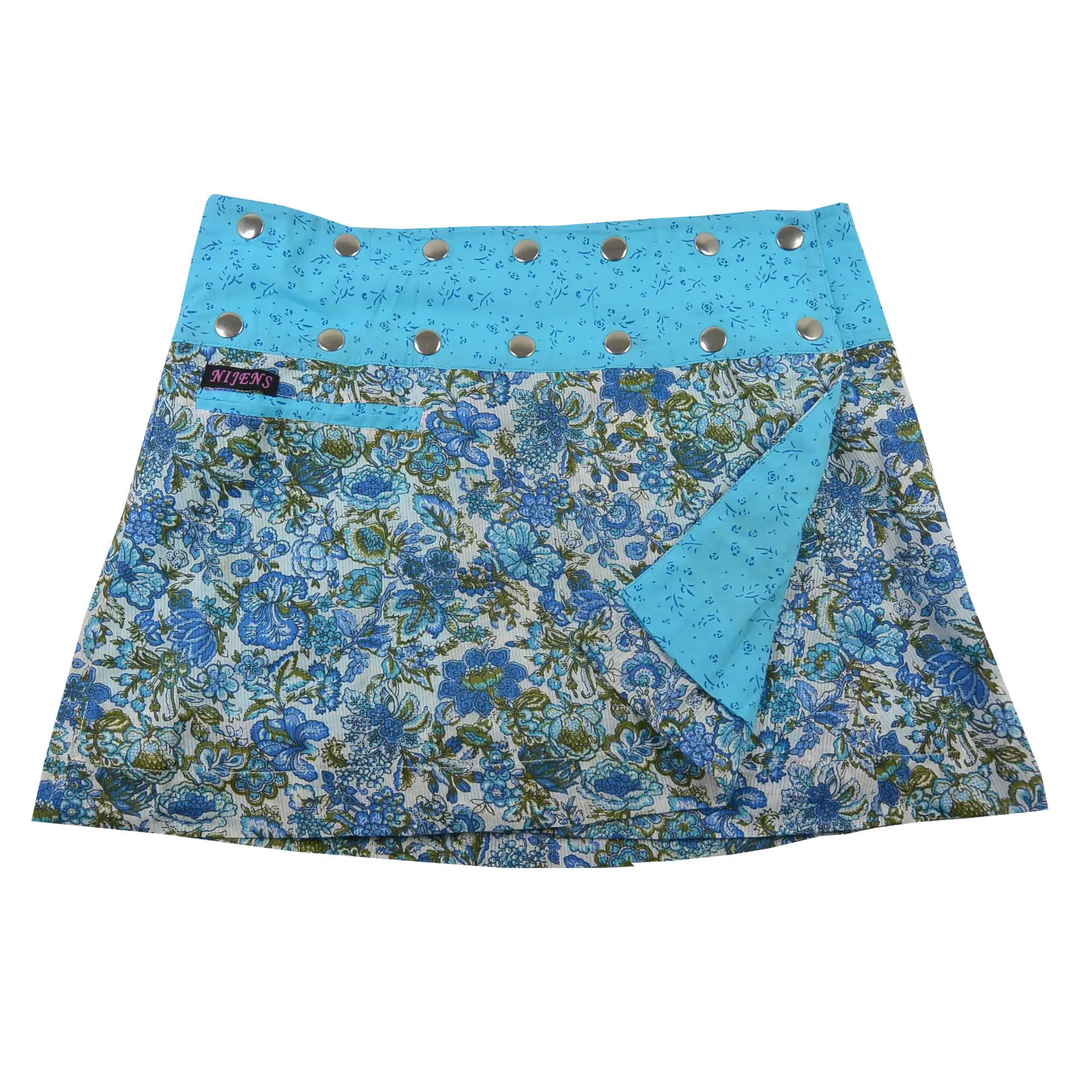 Sommerrock aus Baumwolle in Weiß/Blumen, blau im Mustermix. Umfang ist verstellbar mit doppelter Druckknopfleiste mit Einsteckfach.