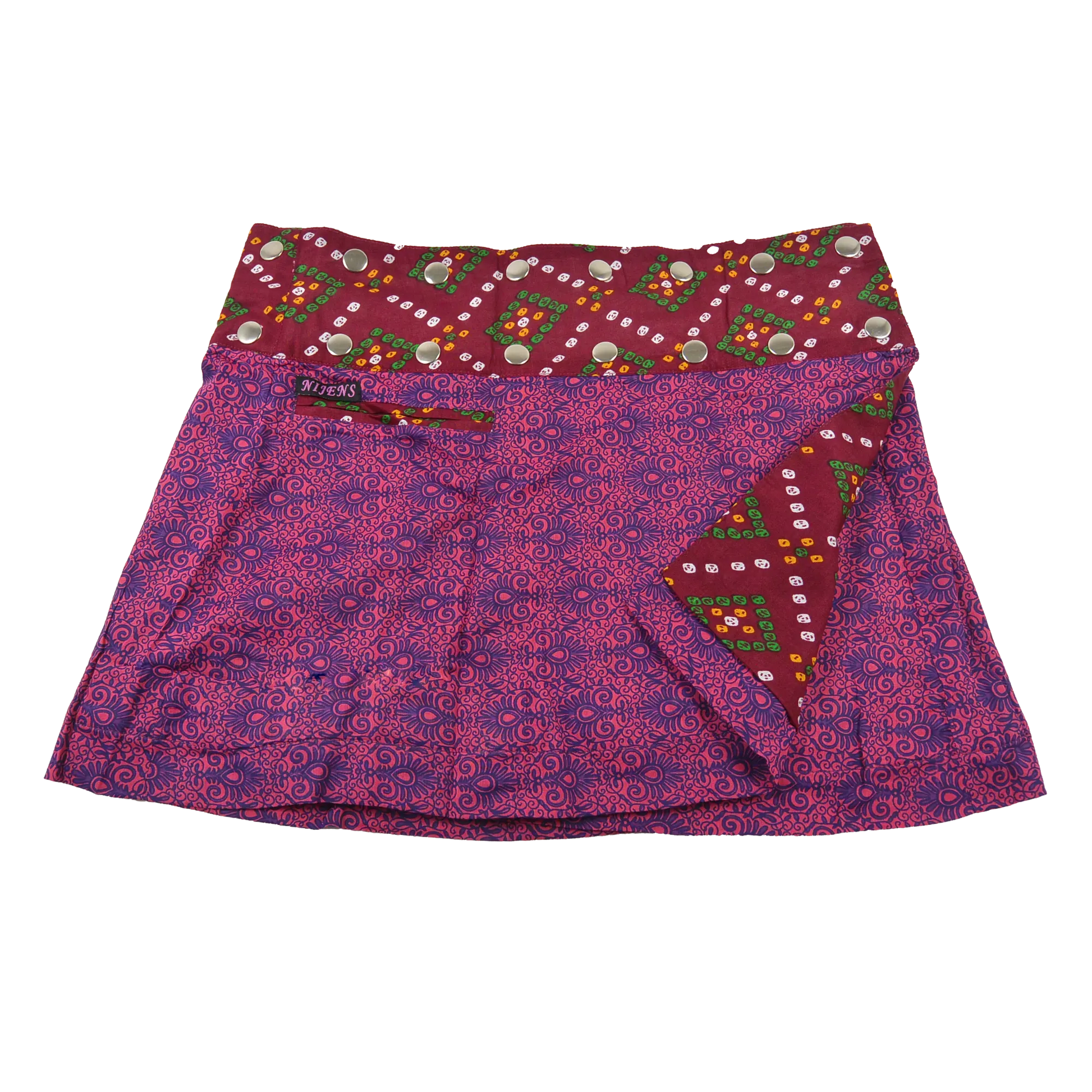 Sommerrock aus Baumwolle in Lila/Pink, Rot im Mustermix. Umfang ist verstellbar mit doppelter Druckknopfleiste mit Einsteckfach.