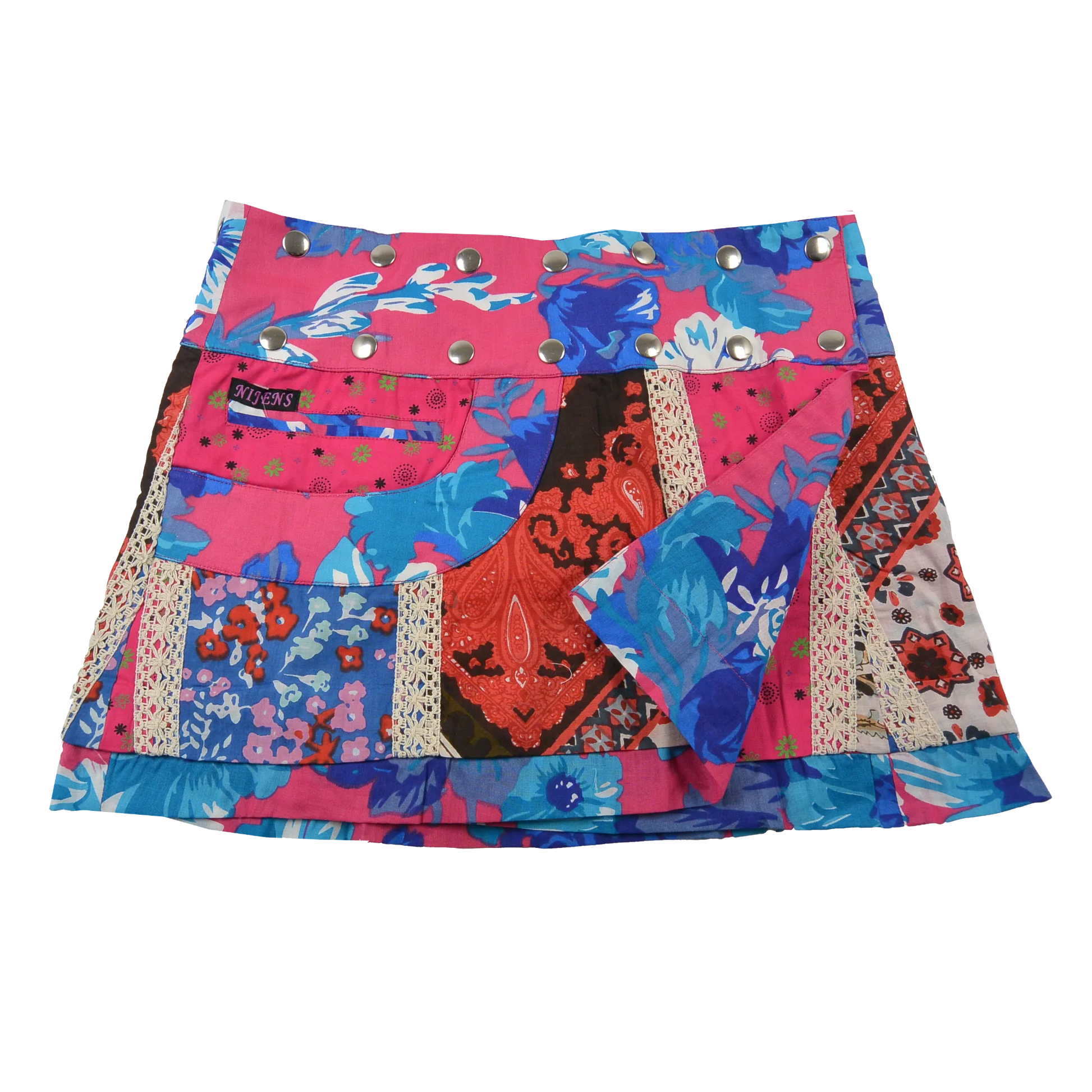 Sommerrock aus Baumwolle in Pink/Bunt im Mustermix. Umfang ist verstellbar mit doppelter Druckknopfleiste mit Seitentasche.