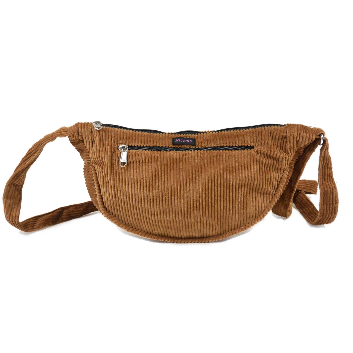 Kleine Umhängetasche, Crossbody-Bag, aus goldbraunem Cordsamt mit zwei Reißverschlussfächern und größenverstellbarem Umhängegurt. Nijens Shop.