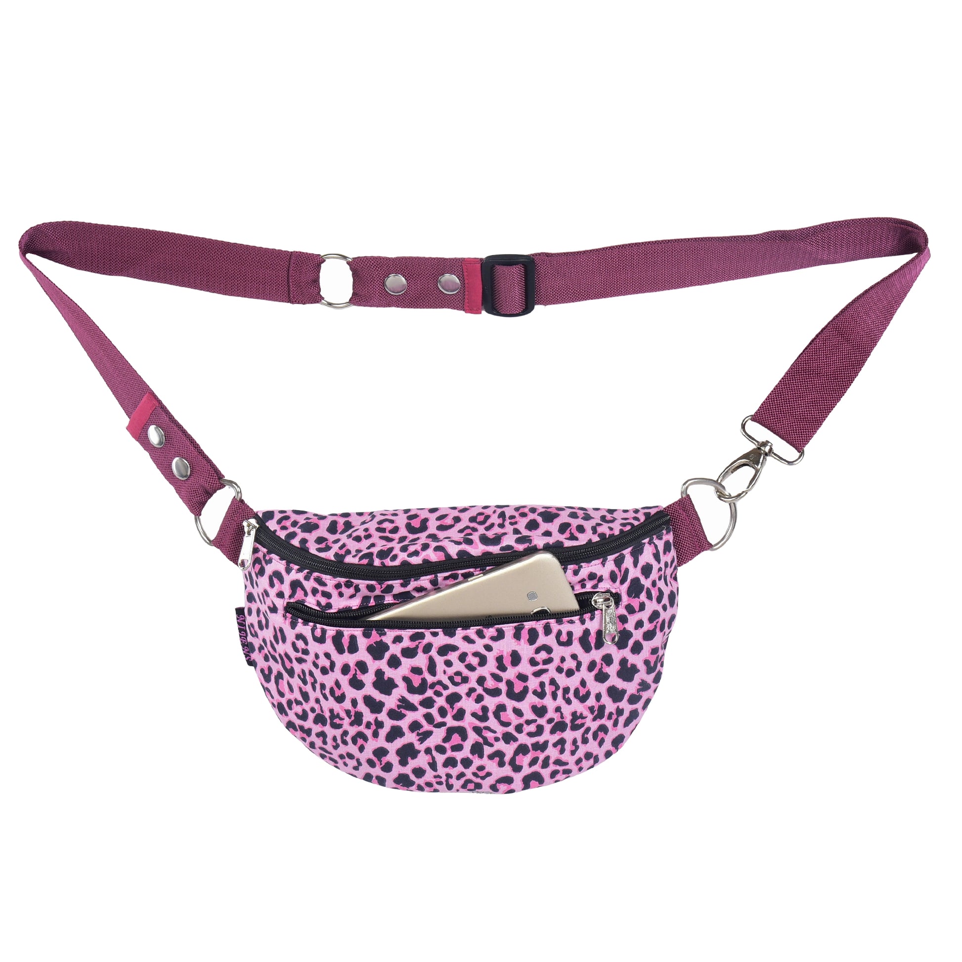 Gesamtansicht der Bauchtasche im Leopardenprint Rosa mit abnehmbarem Gurt