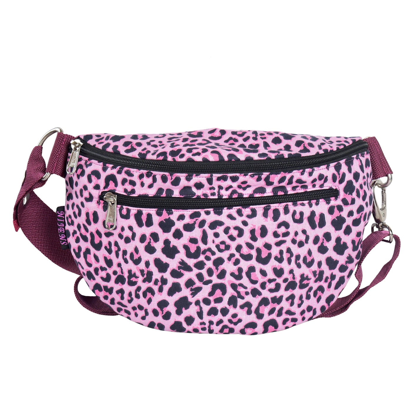 Frontansicht Bauchtasche im Leopardenlook Rosa mit Reißverschlussfächern