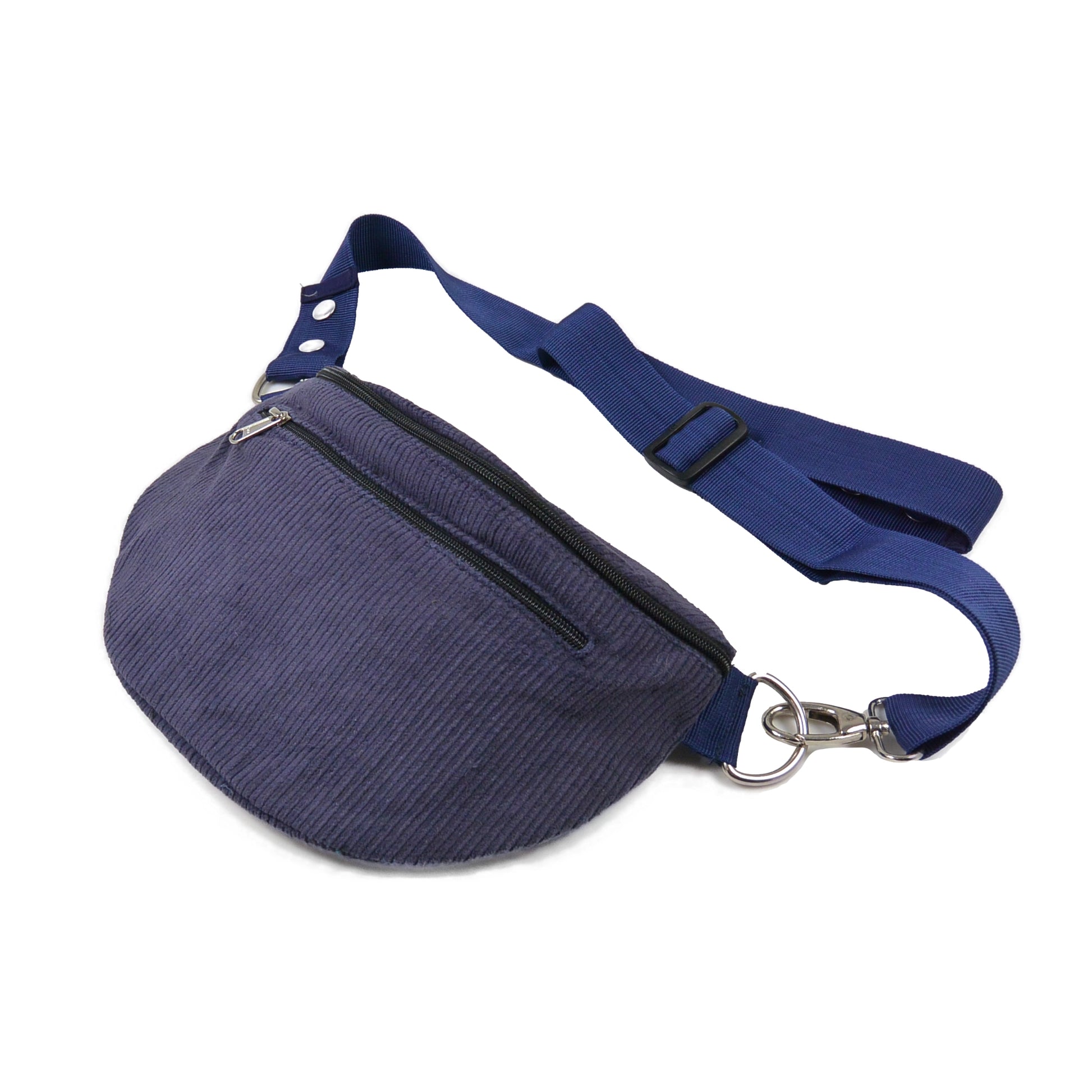 Seitliche Ansicht der blauen Bangkok-Tasche aus Cord, zeigt Tiefe und Form der Tasche