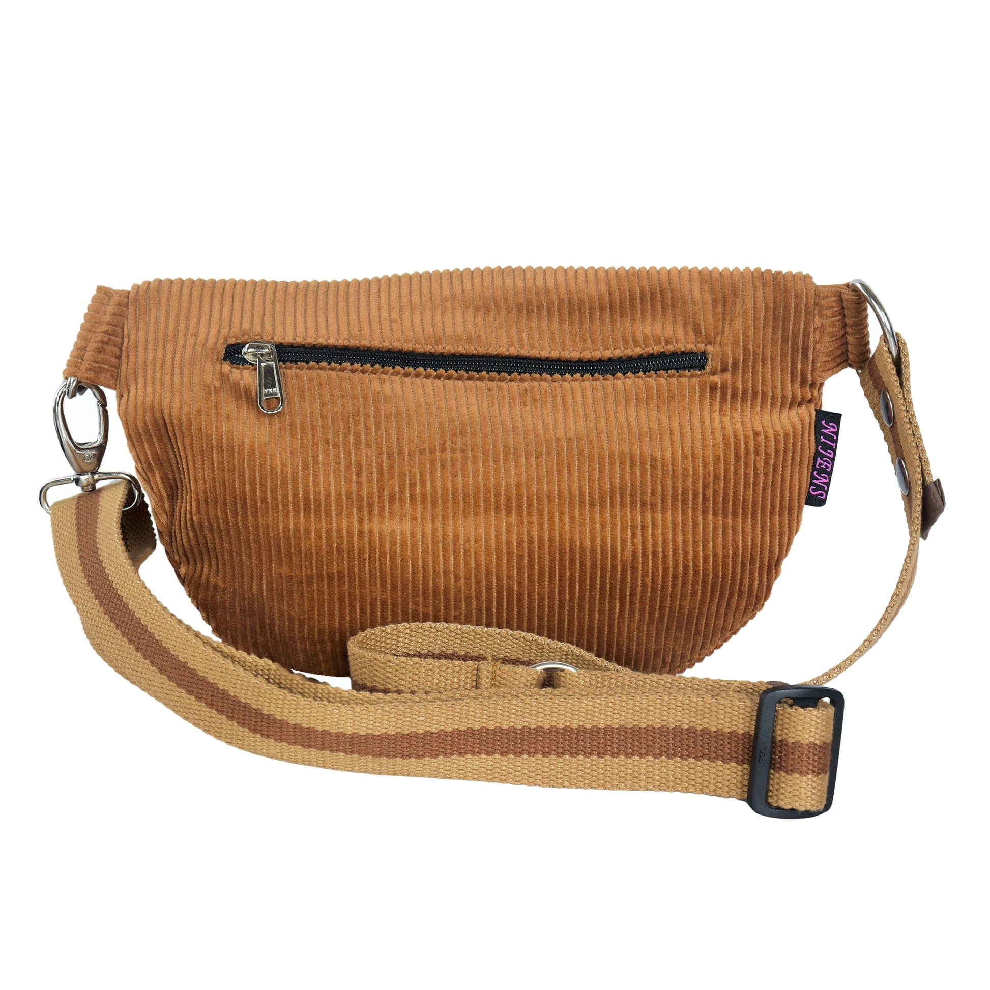 Rückansicht der Cord-Bauchtasche von Nijens in Braun mit Reißverschlussfach