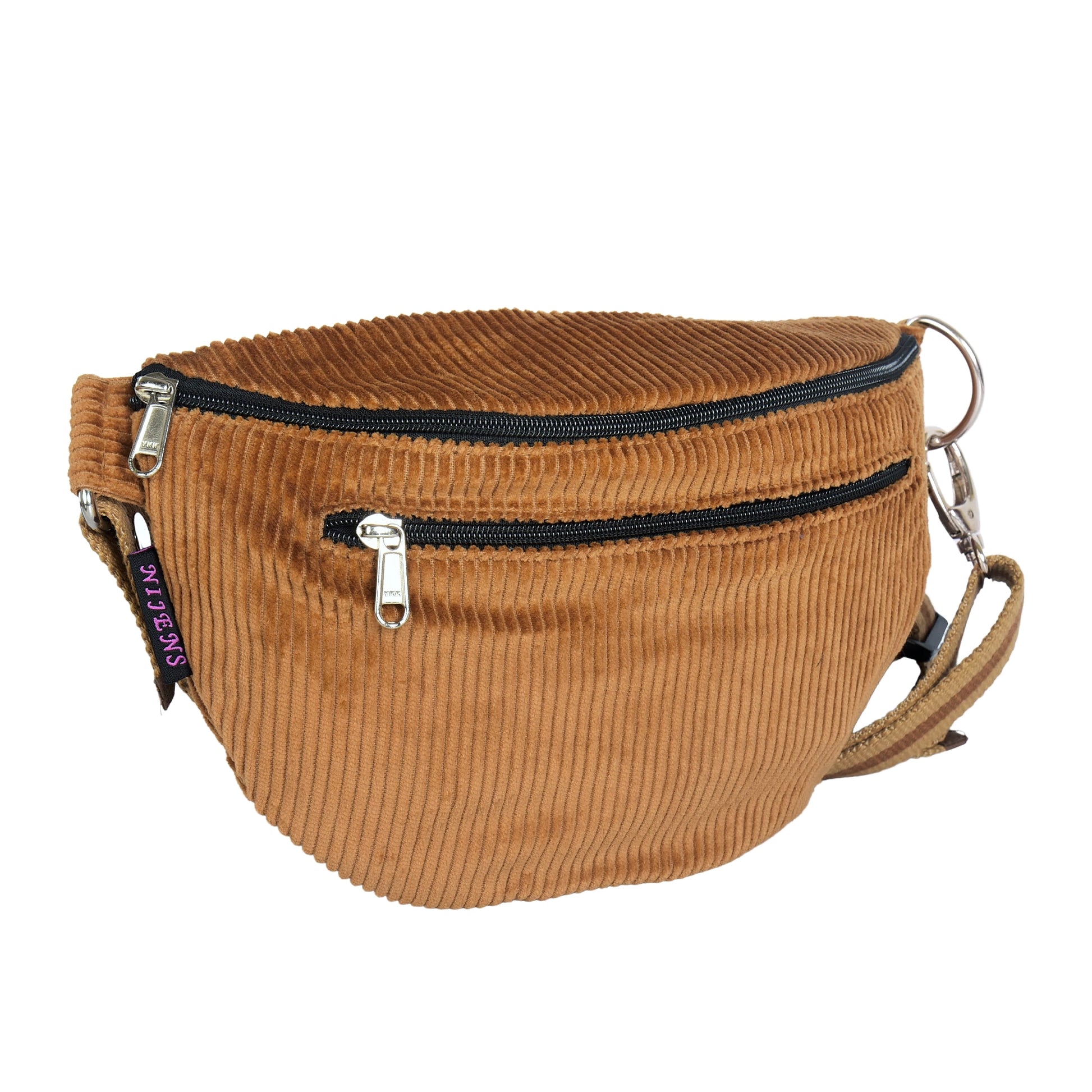 Crossbody-Tasche aus braunem Cord von Nijens mit verstellbarem Gurt und Reißverschlussfach