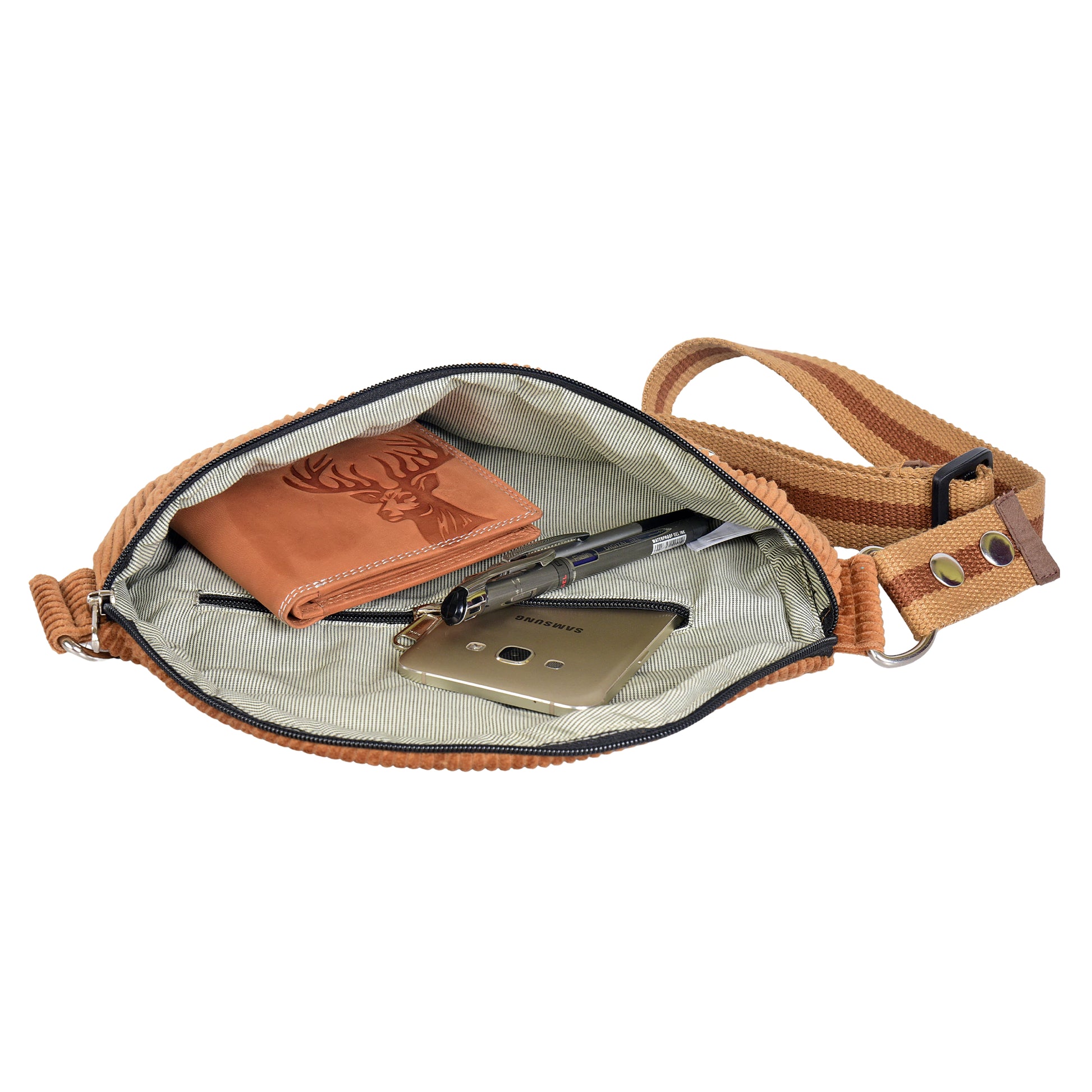 Geöffnete Cord-Bauchtasche von Nijens mit Inhalt: Geldbörse, Handy und Stifte