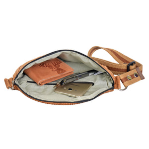 Geöffnete Cord-Bauchtasche von Nijens mit Inhalt: Geldbörse, Handy und Stifte