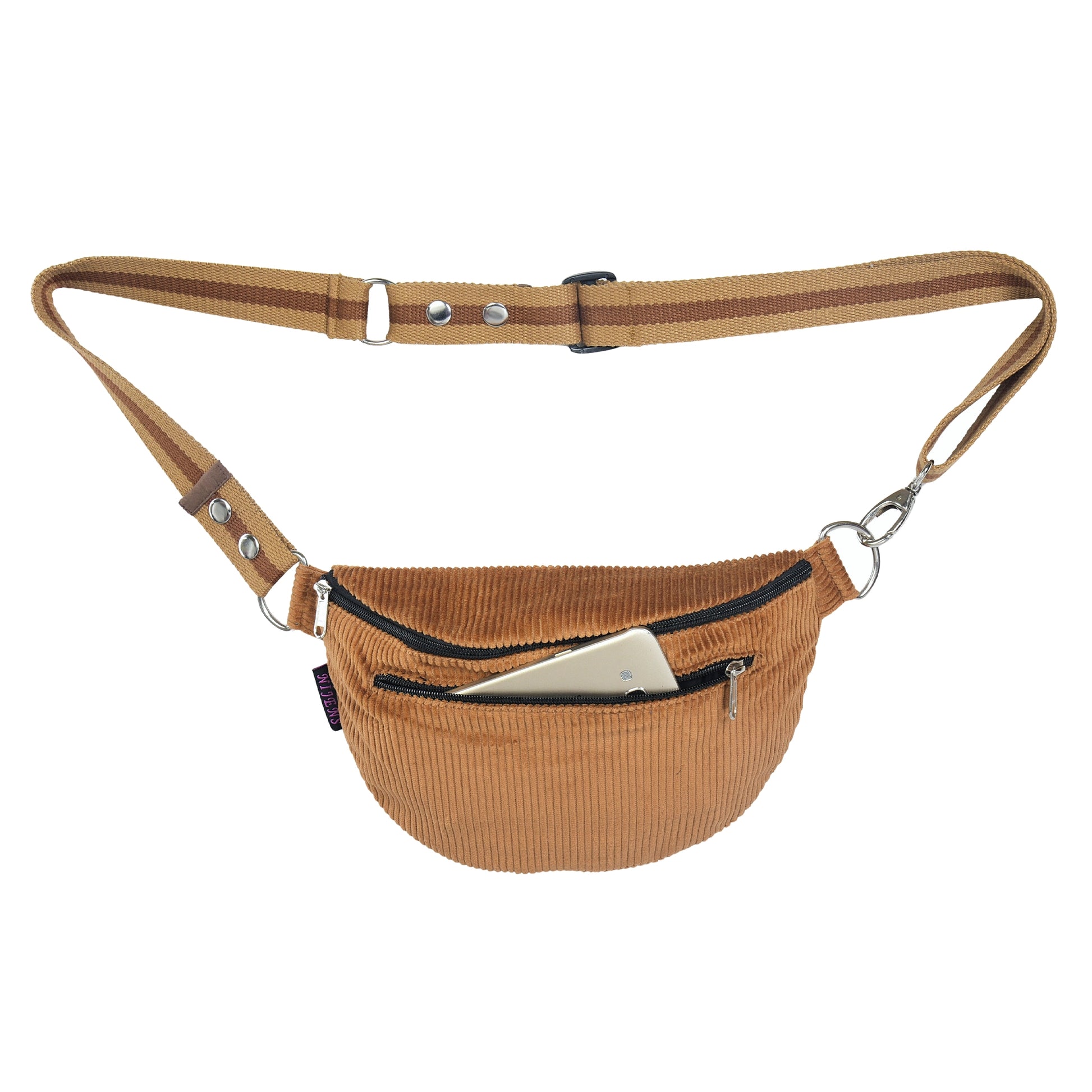 Bauchtasche aus Cord von Nijens mit verstellbarem Gurt und Smartphone im Vorderfach