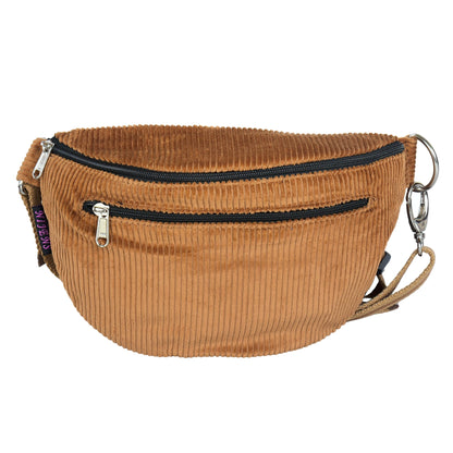 Cord-Bauchtasche von Nijens in Braun mit zwei Reißverschlussfächern vorne