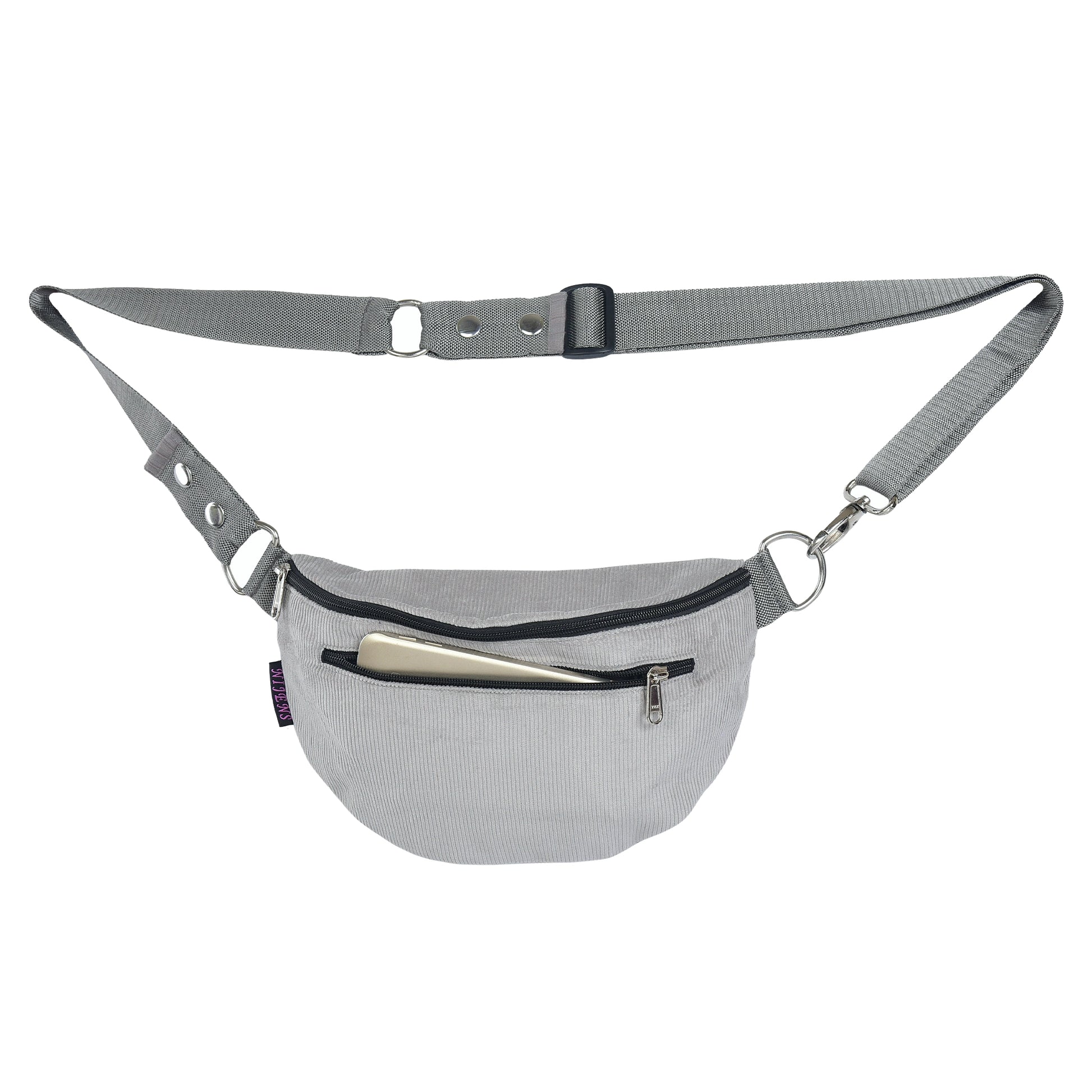 Hellgraue Cord-Crossbody-Tasche in Frontalansicht, mit Reißverschluss und verstellbarem Gurt