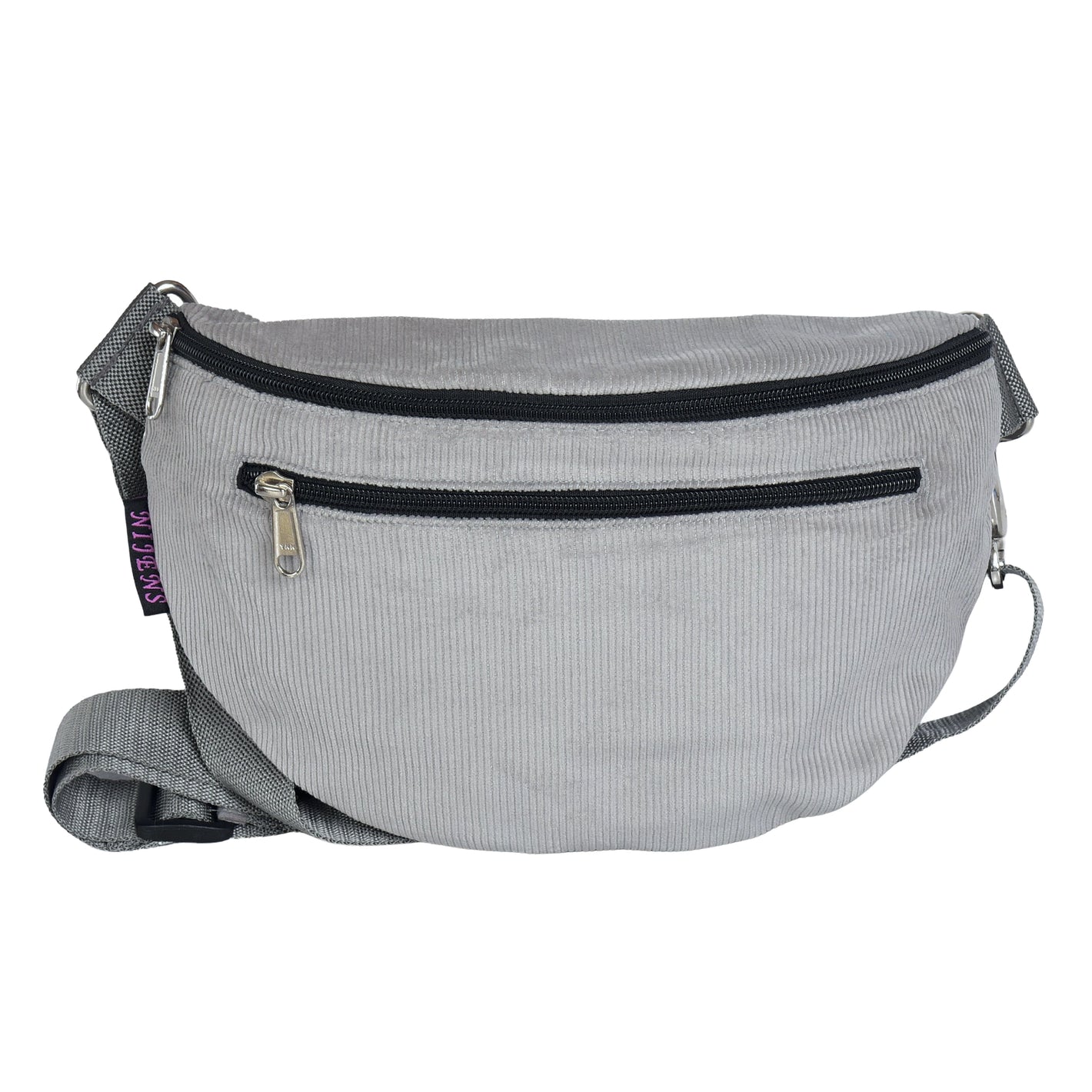 Hellgraue Cord-Crossbody-Tasche von Nijens in Frontalansicht, mit Reißverschluss und verstellbarem Gurt