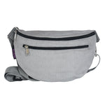 Hellgraue Cord-Crossbody-Tasche von Nijens in Frontalansicht, mit Reißverschluss und verstellbarem Gurt