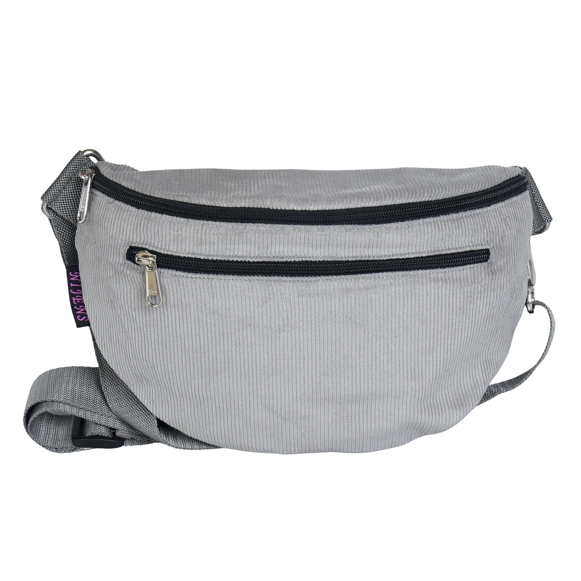 Hellgraue Cord-Crossbody-Tasche von Nijens in Frontalansicht, mit Reißverschluss und verstellbarem Gurt