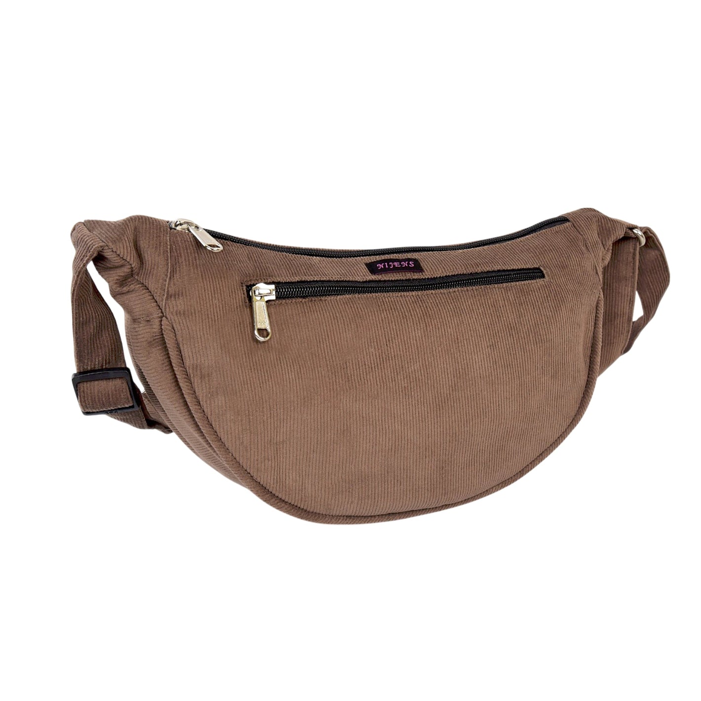 Braune Crossbody Cordtasche „Rishikesh“ von Nijens in Frontalansicht mit Reißverschlussfach und verstellbarem Gurt