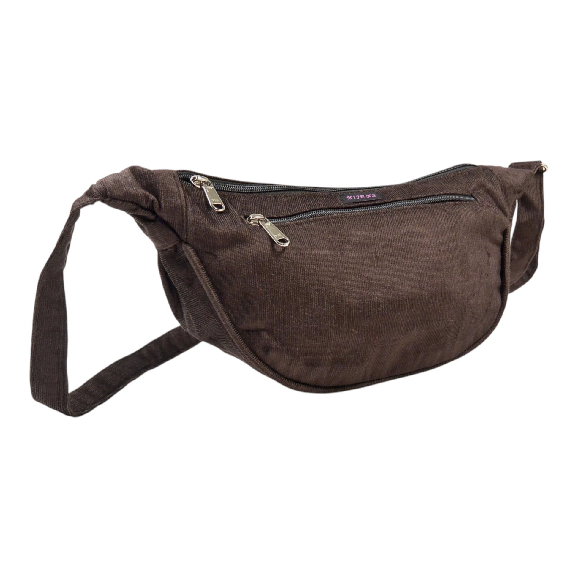 Schokobraune Cord-Crossbody-Tasche „Rishikesh“ von Nijens in Seitenansicht, mit Reißverschluss und verstellbarem Gurt