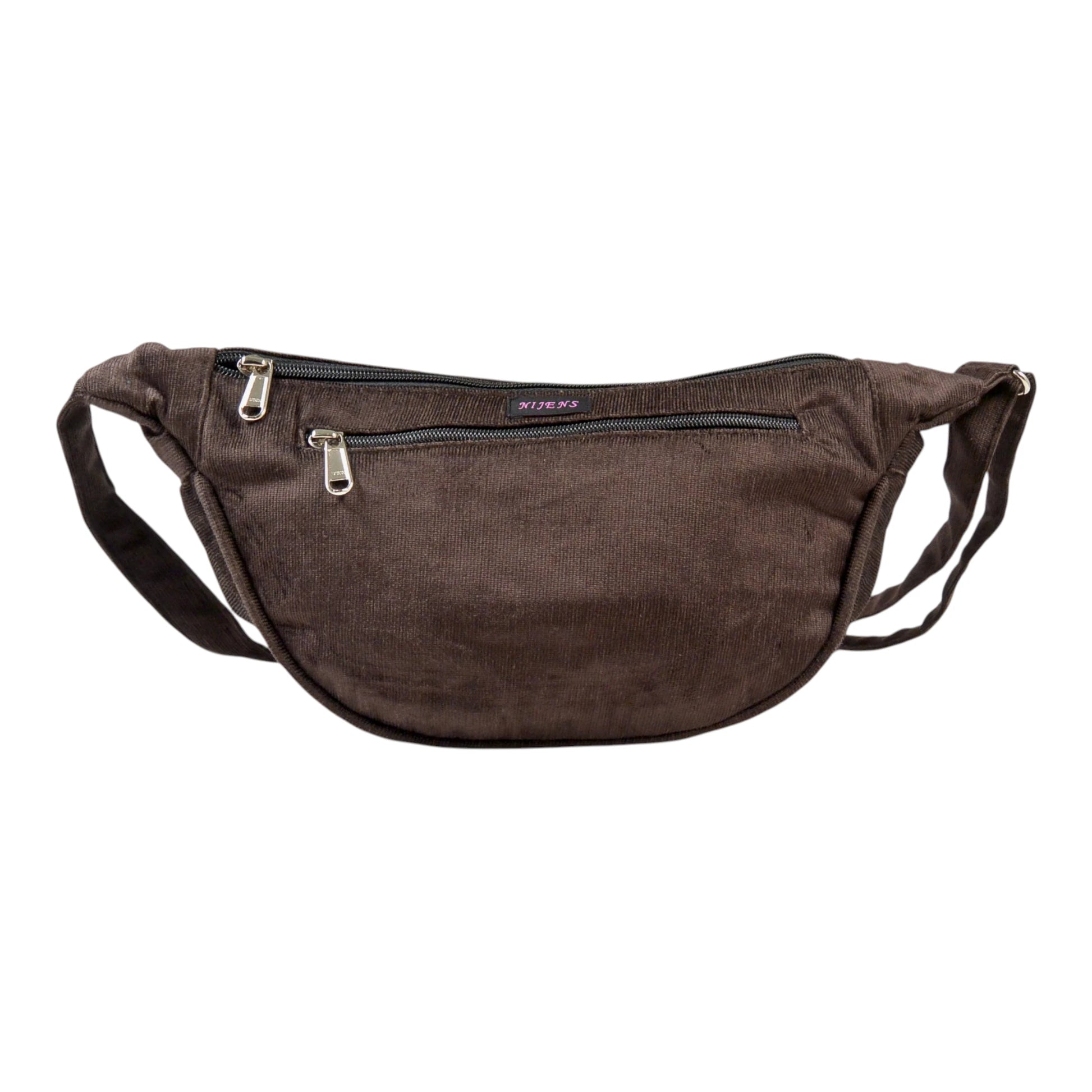 Schokobraune Cord-Crossbody-Tasche „Rishikesh“ von Nijens in Frontalansicht, mit Reißverschluss und verstellbarem Gurt