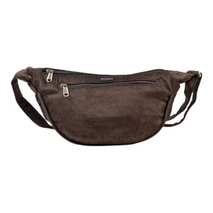 Schokobraune Cord-Crossbody-Tasche „Rishikesh“ von Nijens in Frontalansicht, mit Reißverschluss und verstellbarem Gurt