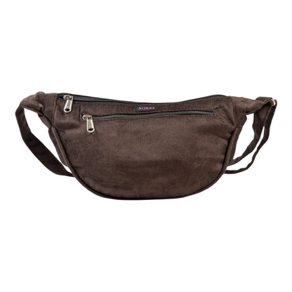 Schokobraune Cord-Crossbody-Tasche „Rishikesh“ von Nijens in Frontalansicht, mit Reißverschluss und verstellbarem Gurt