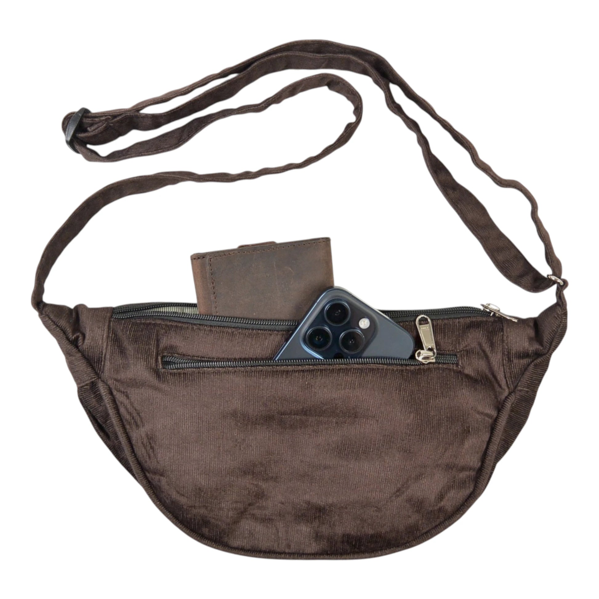 Schokobraune Cord-Crossbody-Tasche „Rishikesh“ von Nijens in Innenansicht, mit Handyfach und verstellbarem Gurt